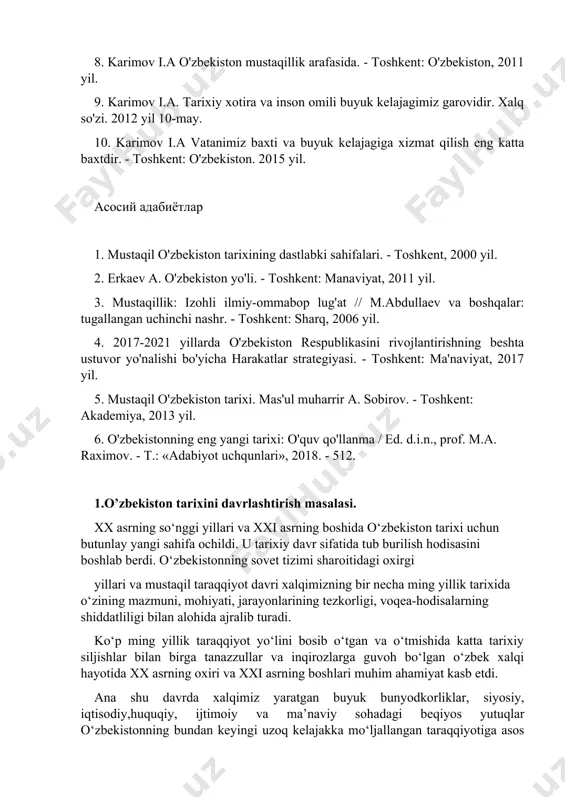 lajagimiz garovidir. xalq so'zi. 2012 yil 10-may. 10. karimov i.a vatanimiz baxti va buyuk kelajagiga xizmat qilish eng katta baxtdir. - toshkent: o'zbekiston. 2015 yil. асосий адабиётлар 1. mustaqil o'zbekiston tarixining dastlabki sahifalari. - toshkent, 2000 yil. 2. erkaev a. o'zbekiston yo'li. - toshkent: manaviyat, 2011 yil. 3. mustaqillik: izohli ilmiy-ommabop lug'at // m.abdullaev va boshqalar: tugallangan uchinchi nashr. - toshkent: sharq, 2006 yil. 4. 2017-2021 yillarda o'zbekiston respublikasini rivojlantirishning beshta ustuvor yo'nalishi bo'yicha harakatlar strategiyasi. - toshkent: ma'naviyat, 2017 yil. 5. mustaqil o'zbekiston tarixi. mas'ul muharrir a. sobirov. - toshkent: akademiya, 2013 yil. 6. o'zbekistonning eng yangi tarixi: o'quv qo'llanma / ed. d.i.n., prof. m.a. raximov. - t.: «adabiyot uchqunlari», 2018. - 512. 1.o’zbekiston tarixini davrlashtirish masalasi. xx asrning so‘nggi yillari va xxi asrning boshida o‘zbekiston tarixi uchun butunlay yangi sahifa ochildi. u tarixiy davr sifatida tub burilish hodisasini boshlab berdi. o‘zbekistonning sovet tizimi sharoitidagi oxirgi yillari va mustaqil …