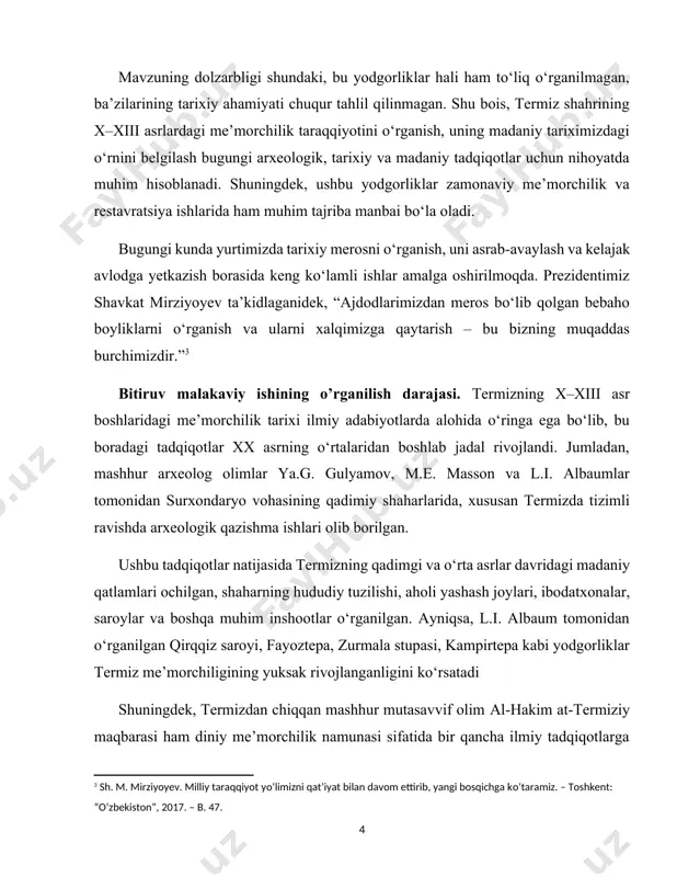 a tarixiy me’moriy yodgorliklarni tahlil qilish; 5. o‘rganilgan me’moriy obidalar asosida bu davr me’morchilik an’analarining o‘ziga xos jihatlarini aniqlash; 6. mazkur yodgorliklarning bugungi kundagi ahvoli, saqlanish darajasi va restavratsiya masalalarini ko‘rib chiqish. bitiruv malakaviy ishining nazariy va uslubiy asoslari. bitiruv malaka-viy ishining nazariy asoslari termiz shahrining x–xiii asr boshlaridagi me’morchilik merosini o‘rganishga bag‘ishlangan tarixiy, arxeologik, san’atshunoslik va madaniy tadqiqotlarga tayangan. ushbu sohalarda olib borilgan ilmiy izlanishlar termiz va uning atrofidagi yodgorliklarning paydo bo‘lishi, ularning arxitektura, dekorativ san’at va ijtimoiy-siyosiy kontekstdagi ahamiyatini yoritishda muhim rol o‘ynaydi. tadqiqotda o‘zbek va xorijiy olimlarning, xususan a. x. abduvaliyev, m. r. xo‘jaev, l. i. albaum va ya.g. gulyamov kabi mutaxassislarning ilmiy ishlari nazariy baza sifatida qo‘llanildi. ularning asarlari termizning qadimiy va o‘rta asr me’morchiligini chuqur tushunish uchun muhim manba hisoblanadi. nazariy jihatdan ishda termiz shahrining tarixiy rivojlanish bosqichlari, shaharsozlik prinsiplari va me’moriy inshootlarning badiiy uslubi o‘rganildi. bu jarayonda tarixiy manbalar, arxeologik topilmalar va me’moriy obidalar …