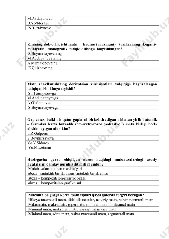 torda maksimal matn berilgan? «o‘tkan kunlar» «tilla baliqcha» (a.oripov) «sadoqat» (o‘.hoshimov) «na’matak» (oybek) qaysi qatorda minimal matn hisoblanadigan asar berilgan? «na’matak» (oybek) «ikki eshik orasi» (o‘.hoshimov) «yulduzli tunlar» (p.qodirov) «o‘tkan kunlar» qaysi qatorda abzas komponentlari to‘g‘ri berilgan? xabarning boshlanishi, rivojlantirilishi, yakunlanishi, xulosa yasash qisqa xabar, bog‘lovchilar, xabar shakllari, xulosa qisqa xabar, bog‘lovchilar, xabarning to‘ldirilishi, xulosa qisqa xabar, to‘liq xabar, mavzu, reja voqelikni batafsil ta’riflashga asoslangan matn tiplari qaysi javobda berilgan? tasviriy matn, xabar mazmunli matn nasihat mazmunli matn, buyruq mazmunli matn izoh mazmunli matn, tasviriy matn buyruq mazmunli matn paremalar qaysi matn tipida uchraydi? nasihat mazmunli matn va buyruq mazmunli matnlarda didaktik matnlarda izoh mazmunli matn va tasviriy matnlarda hissiy-ifoda mazmunli matnlarda tinglovchiga noma’lum bo‘lgan biror kishi, joy, hayvonot va nabotot olamiga mansub mavjudot yoki qandaydir narsa-buyum hamda voqea-hodisa qaysi matn tipida batafsil tasvirlanadi? tasviriy matnda hikoya mazmunli matnda buyruq mazmunli matnda didaktik matnda maslahat va nasihat berish ohangi qaysi …