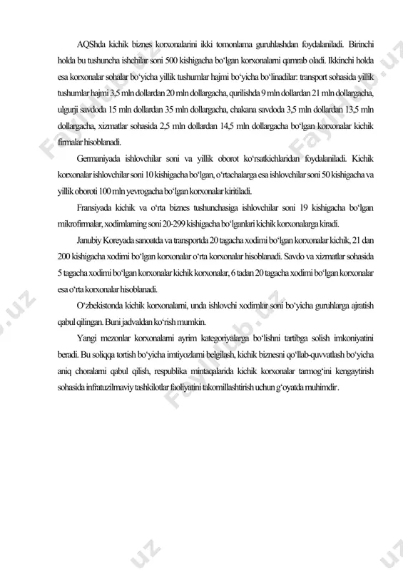 at sohalari xodimlarning yillik o‘rtacha soni yengil va oziq-ovqat sanoati, metallga ishlov berish, asbobsozlik, yog‘ochni qayta ishlash, mebel va qurilish materiallari sanoatida 100 kishigacha mashinasozlik, metallurgiya, yoqilg‘i-energetika va kimyo sanoati, qishloq xo‘jalik mahsulotlarini ishlab chiqarish va qayta ishlash, qurilish va boshqa sanoat-ishlab chiqarish sohalarida 50 kishigacha fan, ilmiy xizmat ko‘rsatish, transport, aloqa, xizmat ko‘rsatish sohalari (sug‘urta kompaniyalaridan tashqari), savdo va umumiy ovqatlanish hamda boshqa noishlab chiqarish sohalarida 25 kishigacha xodimlarning soni kichik subyektlarining asosiy ko‘rsat-kichidir. u firmaning barcha xodimlarini, shu jumladan, shart-nomalar bo‘yicha va o‘rindoshlik bo‘yicha ishlovchilarni haqiqatdan ishlangan vaqtini hisobga olish bilan hamda vakilliklar, fi-liallar, korxonaning boshqa ajratilgan bo‘linmalari xodim​larini hisobga olish bilan aniqlanadi. belgilangan sondan oshib ketgan holda kichik korxona oshib ketishga yo‘l qo‘yilgan davr va keyingi uch oy davomida imtiyozlardan mahrum bo‘ladi. kichik korxonalarda marketing kompleksining xususiyatlari kichik korxonalarda marketing kompleksi o‘ziga xos xususiyatlarga ega. ularning har birini alohida ko‘rib chiqamiz. narx. narx bu - tovar yoki …