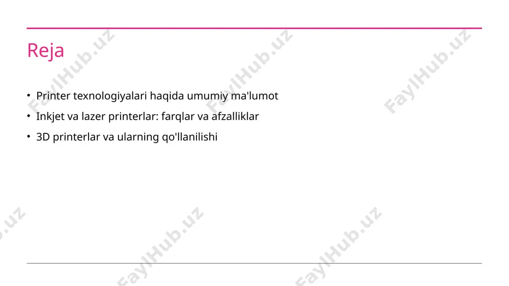 l ishlatiladi. ular hujjatlarni tez va sifatli chop etishda muhim ahamiyatga ega. 2 ta'lim va ilm-fan - ta'lim muassasalarida printerlar darsliklarni, tadqiqot materiallarini va laboratoriya hisobotlarini chop etish uchun keng qo'llaniladi. 3 sanoat va ishlab chiqarish - sanoatda 3d printerlar prototiplar yaratishda va qismlar ishlab chiqarishda ko'plab innovatsion imkoniyatlar taqdim etadi. bu jarayon samaradorlikni oshiradi. inkjet printerlar: ishlash prinsiplari va afzalliklari. 1 inkjet printerlar haqida inkjet printerlar, suyuq tusli bo'yoqni nozik teshiklar orqali qog'ozga purkash orqali ishlaydi. bu texnologiya rangli va sifatli bosma olish imkonini beradi. 2 ishlash prinsiplari inkjet printerlar, bosim ostida bo'yoq tomchilarini chiqarish orqali ishlaydi. boshlang'ich natija tezligi va yuqori aniqlikni ta'minlaydi, bu esa ijodiy imkoniyatlarni kengaytiradi. 3 afzalliklari inkjet printerlarining afzalliklari orasida past xarajat, rangli bosma va kichik o'lchamda bo'lishi mavjud. ular uyda va ofisda keng qo'llaniladi, turli xil materiallarda ishlay oladi. lazer printerlar: tezlik, sifat va samaradorlik. 01 tezlik va samaradorlik lazer printerlar yuqori tezlikda …