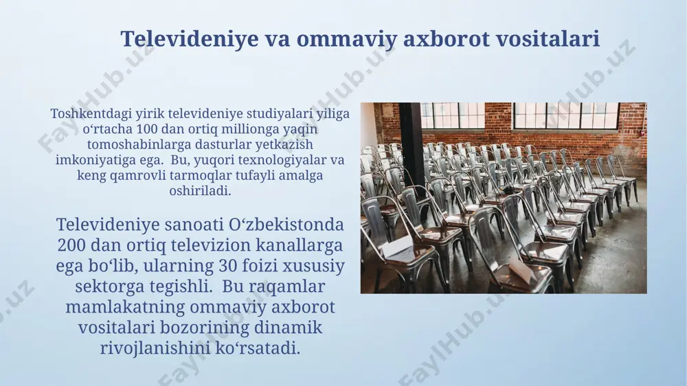 3-yilda 10-15% gacha bo‘lgan daromadlarining pasayishiga olib kelishi mumkin. televideniye sanoatiga 2022-yilda o‘zbekistonda 50 million dollarlik to‘g‘ridan-to‘g‘ri xorijiy investitsiyalar kiritilgan bo‘lib, bu asosan raqamli platformalarni rivojlantirishga yo‘naltirilgan. televideniye va madaniyat televideniye sanoati oʻzbekistonda 200 dan ortiq telekanallarni oʻz ichiga oladi, ulardan 15 tasi milliy kanallar hisoblanadi va toshkentda joylashgan. 1990-yillardan buyon oʻzbekiston televideniyesi reklama daromadlarining sezilarli oʻsishini boshdan kechirdi, bu esa dasturlarni diversifikatsiya qilish va sifatini yaxshilashga sarflandi. televideniye va siyosat toshkentdagi yirik telekanallar, jumladan, “o‘zbekiston” milliy telekanali, siyosiy jarayonlarni yoritishda muhim rol o‘ynaydi va ularning efir vaqti ko‘pincha rasmiy bayonotlar, prezidentning nutqlari va parlament faoliyatiga bag‘ishlanadi. televideniye o‘zbekistonda 200 dan ortiq televizion kanallar mavjud bo‘lib, ularning aksariyati davlat nazorati ostida ishlaydi, siyosiy yangiliklar va hukumatning pozitsiyasini aks ettiradi. televideniye texnologiyalari taraqqiyoti televizion texnologiyalarining rivojlanishi 480i dan 720p, 1080i va 4k ultra hd kabi yuqori aniqlikdagi formatlarga o‘tish bilan birga, raqamli efir, kabel va sun’iy yo‘ldosh televideniyesi kabi yangi uzatish …