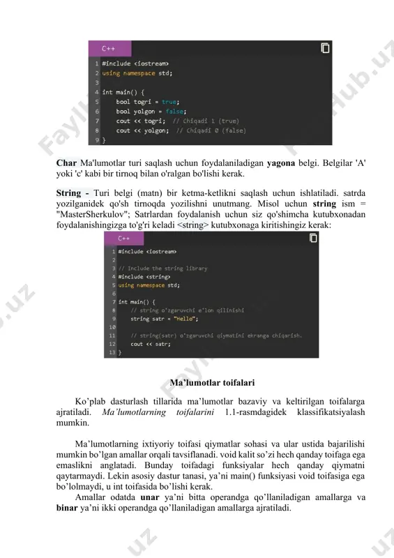 operand ham long double tipiga keltiriladi va natija ham long double tipiga tegishli bo’ladi; unar amallarga ishorani o’zgartiruvchi unarminus [–] va unar plus [+] amallari kiradi. bundan tashqari [++] va [--] amallari ham unar amallarga kiradi. [++] unar amali qiymatni 1 ga oshirishni ko’rsatadi. amalni prefiks ya’ni ++i ko’rinishda ishlatish oldin o’zgaruvchi qiymatini oshirib so’ngra foydalanish lozimligini, postfiks ya’ni i++ ko’rinishda ishlatishdan oldin o’zgaruvchi qiymatidan foydalanib, so’ngra oshirish kerakligini ko’rsatadi. masalan, i qiymati 2 ga teng bo’lsin, u holda 3+(++i) ifoda qiymati 6 ga, 3+i++ ifoda qiymati 5 ga teng bo’ladi. ikkala holda ham i qiymati 3 ga teng bo’ladi. [--] unar amali qiymatni 1 ga kamaytirishni ko’rsatadi. bu amal ham prefiks va postfiks ko’rinishda ishlatilishi mumkin. masalan, i qiymati 2 ga teng bo’lsin, u holda --i ifoda qiymati 1 ga, i-- ifoda qiymati 2 ga teng bo’ladi. ikkala holda ham i qiymati 1 ga teng bo’ladi. masala: ushbu masalalarni …