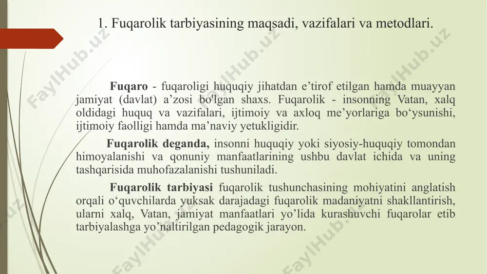imiz konstitusiyasi, gerbi, bayrog‘i va madhiyasini yaxshi bilishi kerak. o‘quvchilarda shu ramzlarga chuqur hurmat-ehtirom tuyg‘ularini tarbiyalash tarbiyaviy ishlarimizning uzviy qismini tashkil etishi lozim. davlat ramzlarini o‘rganish pedagogik jihatdan to‘g‘ri tashkil etilsa, o‘quvchilarning huquqiy va axloqiy his-tuyg‘ulariga, vatanparvarlik qarashlariga yaxshi ta’sir ko‘rsatadi. bu borada o‘quvchilar bilan olib boriladigan jamoa tarbiyaviy ishlarining imkoniyatlari beqiyosdir. davlat gerbi, bayrog‘i, madhiyasi hamda o‘quvchilarning tashkilotlari ramzlari axloqiy, siyosiy, huquqiy mazmuni haqida uyushtirilgan xilma-xil munozaralar va suhbatlar shubhasiz samarali natijalar beradi. davlat ramzlari faqat ta’sirchan tarbiyaviy vosita bo‘lib qolmay, balki ta’limiy jihatdan ham muhim omillardandir. davlat gerbi va bayrog‘ining tasviri, davlat madhiyasining matni bilan tanishish jarayonida o‘quvchilarda davlat hokimiyati ramzlariga hurmat his tuyg‘usi qaror topadi. davlat ramzlarini o‘rganishda o‘quvchilarning yosh xususiyatlari albatta hisobga olinishi, mavjud darslik, uslubiy ko‘rsatma va qo‘llanmalardan o‘z o‘rnida foydalanish lozim. o‘zbekiston fuqarosi o‘z vatanini sevishi, xalqiga cheksiz sadoqatli bo‘lishi, o‘zbekiston respublikasining qonun va qoidalarini, ramzlarini yaxshi bilishi va ularga chuqur hurmat bilan munosabatda …