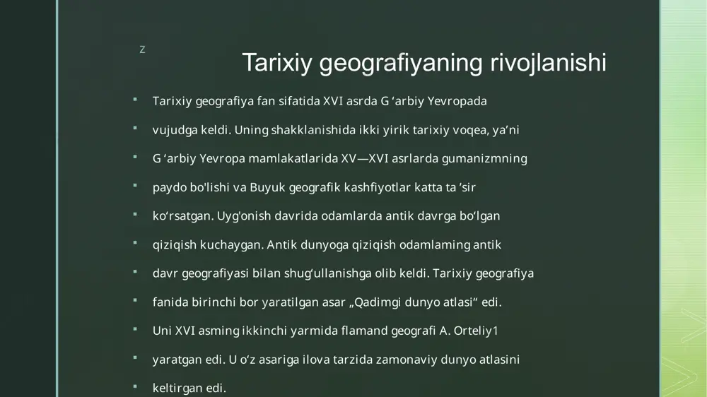 (tarixiy-iqtisodiy) geografiyasi. 4. siyosiy-tarixiy geografiya. z z tarixiy geografiya fanining muhim vazifalaridan biri bu - o'tmishdagi davlatlar siyosiy chegaralarini, tarixiy voqealar bo'lib o'tgan joylarni aniqlash, shaharlar topografiyasini o'rganishdan iborat. tarixiy geografiyaning bu qismi siyosiy voqealar, urushlar bayoni va ularning davlatlar chegaralarini o'zgarishidagi o'rnini, hukmdorlar faoliyatini o'rganish bilan uzviy bog‘liqdir. bunda voqea-hodisalami chuqur anglab yetish uchun tarixiy geografiya juda kerak. masalan, urushlar va ulaming oqibatlarini to'liqroq tushunish uchun qo‘shinlar harakati, jangning borishi va bo'lib o'tgan joylarini o'rganish kerak bo'ladi. bu jihatdan tarixiy geografiya bir qator tarixiy fanlar — paleografiya, xronologiya, metrologiya va geraldika kabi fanlar qatorida turadi. z shuningdek, tarixiy geografiyaning mazmuni, ayniqsa hozirgi zamon nuqtai nazaridan qaraganda kengroqdir. u ijtimoiy-iqtisodiy jarayonlami, milliy-ozodlik harakatlarini kengroq o'rganadi. tarixiy geografiyani tarixiy jarayonlarni o'rganuvchi keng mazmunli tarix fanining bir bo'limi desak adashmaymiz. tarixiy geografiya awalo tarix fanini o'rganish uslublariga tayanadi. bu haqqoniylik, xolislik va davriylik uslublariga asoslanib, voqealami yanglish va xatolarsiz, mukammal yoritishdan iborat. …