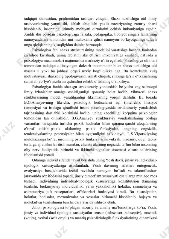ta’lim vositasida, shaxsiy tajribada egallangan bilimlar, ko‘nikmalar va odatlarni qamrab oladi. iii. psixologik aks ettirish shakllari osttuzilishi - ijtimoiy turmush jarayonida shakllanuvchi bilish jarayonlarining individual xususiyatlari. iv. biologik shartlangan osttuzilish - miya morfologik va fiziologik xususiyatlariga muayyan darajada bog‘liq bo‘lgan patologik o‘zgarishlarni, shaxsning yosh, jins xususiyatlarini va uning tipologik hosiyatlarini birlashtiradi. a.g.kovalev talqiniga binoan, shaxs mana bunday tuzilishga ega: 1. yo‘nalganlik - voqelikka nisbatan inson munosabatini aniqlaydi, unga o‘zaro ta’sir etuvchi har xil xususiyatli g‘oyaviy va amaliy ustanovkalar, qiziqishlar, ehtiyojlar kiradi. ustuvor yo‘nalganlik shaxsning barcha psixik faoliyatini belgilaydi. 2. imkoniyatlar - faoliyatning muvaffaqiyatli amalga oshishini ta’minlovchi tizim. o‘zaro ta’sir etuvchi va o‘zaro bog‘liq bo‘lgan turlicha qobiliyatlar. 3. xarakter. ijtimoiy muhitda shaxsning xulq-atvor uslubini aniqlaydi. odamning ruhiy hayoti shakli va mazmuni unda namoyon bo‘ladi. xarakter tizimidan irodaviy va ma’naviy sifatlar ajratiladi. 4. mashqlar tizimi. hayot va faoliyat, harakat va xulq-atvorni tuzatish (korreksiyalash), o‘zini o‘zi nazorat qilish, o‘zini o‘zi boshqarishni ta’minlaydi. shaxsni …