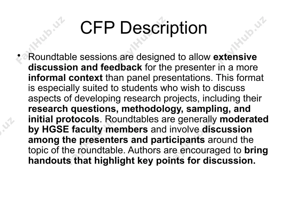 ussant moderates discussion that touches on all speakers’ work qualities of less effective roundtables: not enough time for discussion speakers aren’t clear about what feedback they want from audience discussion focuses on 1 speaker, leaves others out group preparation meet with fellow participants in advance to discuss the common threads that run through each person’s work consult w/ fellow participants, including discussant (if possible), about structure & flow of conversation think about how to arrange the room to support conversation provide discussant w/ all of your materials well in advance do as much prep work for your discussant as possible! 7 preparing what to say structure the talk emphasize what you found, not what you did who cares, besides your mother? keep it brief (time yourself) – make 2-3 points max conclude w/ specific questions for audience develop a one-page handout 8 actual presentation make eye contact, take a deep …