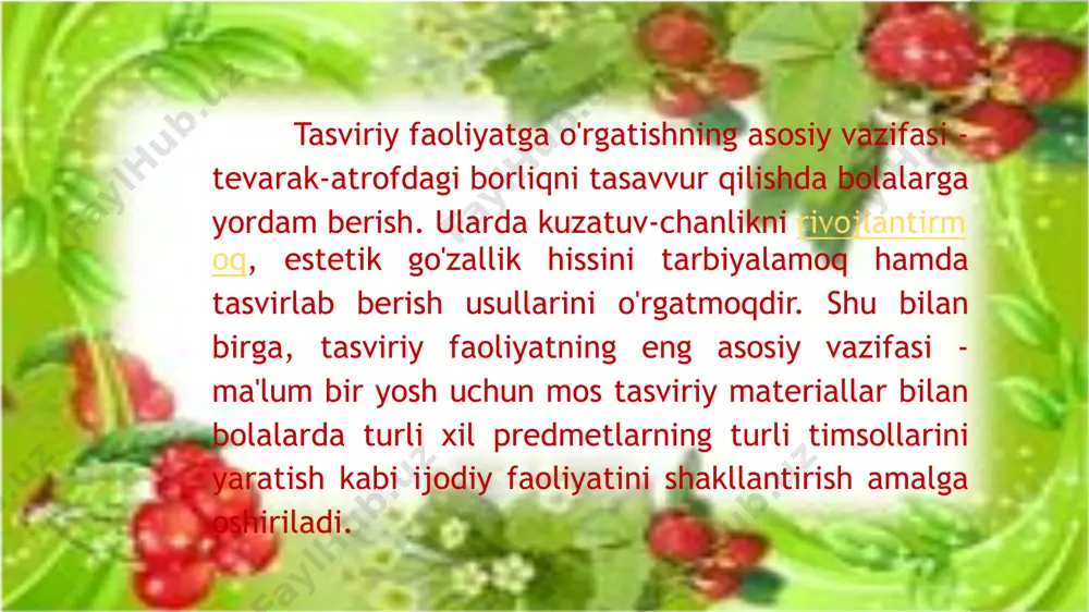 un va vazifalari. hayotining 4-yilida bola predmetni yaxshiroq yoki yomonroq tasvirlay olishni bilmasalar ham, lekin ular rasm chizishning ma'nosini tushuna boshlaydilar. ular o'zlari chizgan shaklsiz rasmlarni predmetning biror bir belgisiga asosan o'xshatib chizadilar. pedagog bolalarning rasm bilan predmetning o'xshash belgilarini topishga urunishni rag'batlantirib turishi va shu bilan bir qatorda, turli shakllarni to'g'ri tasvirlashga o'rgatib borish zarur. bu yoshda tasviriy faoliyatni o'rgatish vazifalari bir rejaga qo'yilgan. sodda predmetlarning asosiy belgilar(rang, shakl)ini berib, turli xil to'g'ri va aylanasimon shakllarning tasviriga o'rgatish. rangni bilish sezgisi asosiy ranglarni ajratish va aytishni bilishni rivojlantirish; kompozitsion ko'nikmalarni, qog'ozning o'rtasiga tasvirlarni joylashtirishni rivojlantirish. o'rta guruhda rasm chizishga o'rgatishning mazmuni va vazifalari. bu guruhda o'rgatishning vazifalari quyidagilar: to'g'ri to'rtburchakli va aylanasimon shakldagi predmetlarning tasviri ularning tuzilishini, asosiy qismi va detallarini berishga o'rgatish. rangdan badiiy ifodalash vositasi sifatida foydalanishga o'rgatish. qog'oz markazida predmetni joylashtirishda kompozitsion uquvni bilishni rivojlantirish. rasmni qalam va bo'yoq bilan bo'yashda texnik ko'nikmalarni mustahkamlash. bu guruhda …