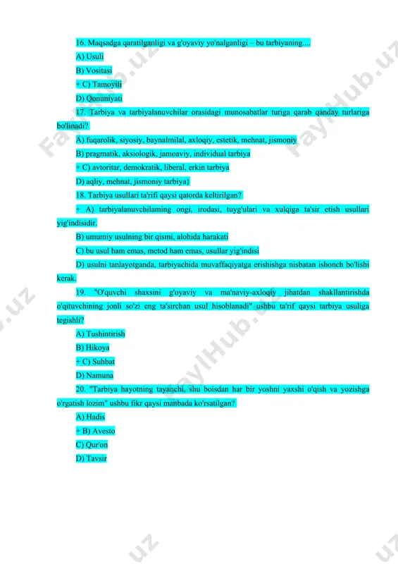 li. + a) siyosiy b) iqtisodiy c) madaniy d) ijtimoiy 24. bilimlami mustahkamlash va takomillashtirish, ko'nikma va malakalaming hosil bo'lishi bu - a) o'qitish jarayonining vazifasi b) o'qitish jarayonining maqsadi + c) o'qitish jarayonining bosqichi d) o'qitish jarayonining natijasi 25. o'quvchi nutqining, fikrlashi, shaxsning sensorli va harakatlanish sohalari, emosional - irodaviy, intellektual sohalarini rivojlantirishda o'z aksini topadi. ushbu ta'rif o'qitish jarayonining qaysi vazifasiga tegishli? a) ta'limiy b) tarbiyaviy c) maqsadli + d) rivojlantiruvchi 26. buxgalteriya hisobining aktiv schyotlarida nima hisobga olinadi? +a) mablag`lar b) mablag`larning tashkil topish manbalari c) majburiyatlar d) uzoq muddatli aktivlar 27. shaxs shakllanishining asosiy omillari nimalardan iborat? a) ta'lim, tarbiya, ma'lumot b) psixik jihatdan rivojlanishi, o'zini bir butun inson deb his qilish + c) biologik omil, ijtimoiy muhit, tarbiya d) o'qish, o'rganish, tarbiya 28. ijtimoiy ongni shakllantirishda eng ko'p ishlatiladigan metod bu-.. + a) tushuntirish b) namuna c) suhbat d) rag'batlantirish 29. xujjatlashtirish nima? +a) amalga …
