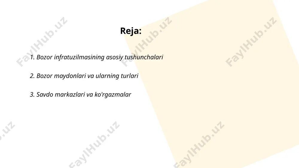 r o'zbekistonda turli sohalardagi yutuqlarni namoyish qilish uchun mo'ljallangan. 2022-yilda toshkentda o'tkazilgan xalqaro ko'rgazmalar soni 50 dan ortiq bo'lib, ularda mingdan ziyod kompaniyalar o'z mahsulot va xizmatlarini taqdim etdi. bunday tadbirlar iqtisodiy sherikliklarni kuchaytirishga va milliy mahsulotlarni eksport qilishga katta yordam beradi. ko'rgazmalar savdo aylanmasini oshiradi va turizm sohasi uchun ham foydali hisoblanadi. ... t.me/slaydai_bot 4. transport va logistika tarmoqlari transport va logistika tarmoqlari o‘zbekiston iqtisodiyotining muhim qismi hisoblanadi. mamlakat 2023 yilda umumiy transport infratuzilmasini rivojlantirishga 2 milliard aqsh dollari ajratishni rejalashtirgan. o‘zbekiston temiryo‘llari tizimi 4700 km dan ziyod masofani qamrab oladi va har yili taxminan 70 million tonna yuk tashiydi. aviatsiya sohasida toshkent xalqaro aeroporti yiliga 6 milliondan ziyod yo‘lovchiga xizmat ko‘rsatadi. avtomobil transporti vositalari orqali yillik yuk tashish hajmi 1 milliard tonnadan ortiqdir. logistika xizmati va omborlar infratuzilmasi oxirgi yillarda sezilarli darajada rivojlangan, bu esa mamlakatning xalqaro savdo jarayonlarida ishtirokini kengaytirishga yordam bermoqda. ... t.me/slaydai_bot omborxona va saqlash …