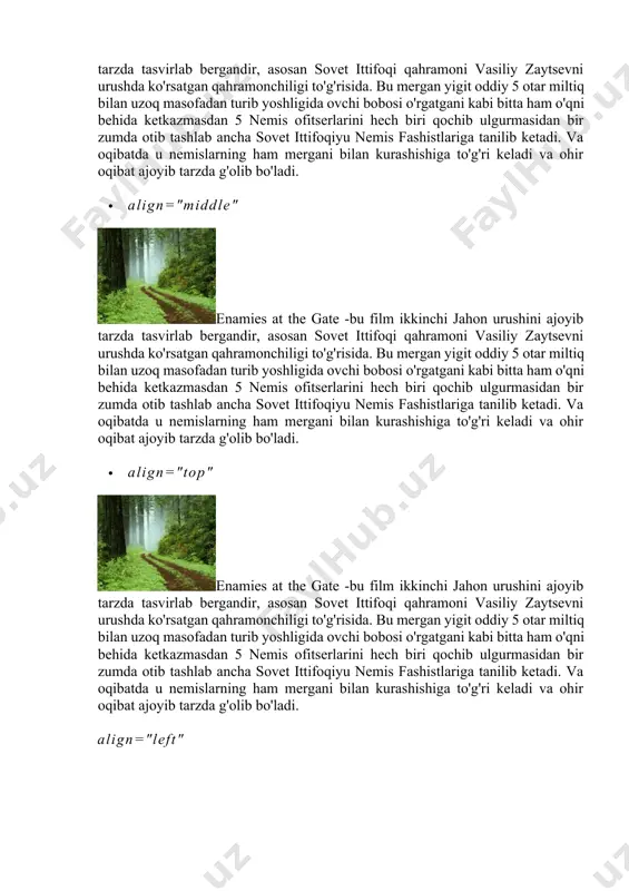 behida ketkazmasdan 5 nemis ofitserlarini hech biri qochib ulgurmasidan bir zumda otib tashlab ancha sovet ittifoqiyu nemis fashistlariga tanilib ketadi. va oqibatda u nemislarning ham mergani bilan kurashishiga to'g'ri keladi va ohir oqibat ajoyib tarzda g'olib bo'ladi. · align="top" enamies at the gate -bu film ikkinchi jahon urushini ajoyib tarzda tasvirlab bergandir, asosan sovet ittifoqi qahramoni vasiliy zaytsevni urushda ko'rsatgan qahramonchiligi to'g'risida. bu mergan yigit oddiy 5 otar miltiq bilan uzoq masofadan turib yoshligida ovchi bobosi o'rgatgani kabi bitta ham o'qni behida ketkazmasdan 5 nemis ofitserlarini hech biri qochib ulgurmasidan bir zumda otib tashlab ancha sovet ittifoqiyu nemis fashistlariga tanilib ketadi. va oqibatda u nemislarning ham mergani bilan kurashishiga to'g'ri keladi va ohir oqibat ajoyib tarzda g'olib bo'ladi. align="left" enamies at the gate -bu film ikkinchi jahon urushini ajoyib tarzda tasvirlab bergandir, asosan sovet ittifoqi qahramoni vasiliy zaytsevni urushda ko'rsatgan qahramonchiligi to'g'risida. bu mergan yigit oddiy 5 otar miltiq bilan …