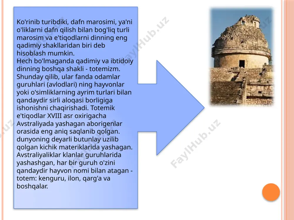 (lotincha "anima", "animus" - ruh, ruh). ular kasalliklarning yovuz ruhlariga ham ishonishgan - ular ayniqsa qo'rqishgan, chunki ibtidoiy odam kasalliklarga qarshi kuchsiz edi; ular o'liklarning ruhlariga, ruhlarga - shamanlarning yordamchilariga ishonishgan (shamanlar ruhlar bilan muloqot qila oladigan va ularning yordami bilan kasalliklarning ruhini quvib chiqaradigan, barcha baxtsizlik va muvaffaqiyatsizliklardan saqlaydigan odamlar edi). ota -bobolarimiz neolit ​​davrida ovchilik va yig'ishdan dehqonchilik va uy hayvonlarini ko'paytirishga o'tishni boshlaganlarida, ularning diniy e'tiqodlari yangi shakllarga ega bo'ldi. qadimgi dehqon, ovchidan kam bo'lmagan, tabiatning elementar kuchlariga bog'liq edi. mo'l hosilni bir necha yil davom etishi mumkin edi, ular bilan birga ochlik va ibtidoiy dehqon sirli g'ayritabiiy kuchlarning yordamiga murojaat qilishdi. masalan, melaneziya orollari, yam -yashil mevalarni ekish paytida, bu toshlardek katta va qattiq ildiz mevalarni olish uchun odatda yonlariga bir xil shakldagi toshlarni ko'mishadi. shafqatsiz tug'ish xudolarini tinchlantirish uchun ular ko'plab mamlakatlarda hayvonlarni, ba'zan esa odamlarni qurbon qilishdi. xudo va ma'buda - hosildorlik homiylari, marosim …