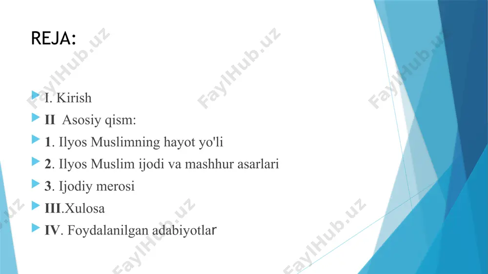 eʼrlar toʻplami 1932 yilda “oʻsuv” nomi bilan kitobxonlar hukmiga havola etiladi. shu yili “zaharxandalar” degan ikkinchi toʻplami, 1934 yilda “miqti keldi” dostoni bosilib chiqadi. 1938 yilda esa “sheʼrlar” toʻplami maydonga keladi. 2. ilyos muslim ijodi va mashhur asarlari ilyos muslimning asarlari sevgi, tabiat, insoniy his-tuyg‘ular kabi mavzularni qamrab oladi. u ko‘plab she'rlar, hikoyalar va maqolalar yozgan. usul va uslubi: uning ijodida sodda va samimiy til ishlatiladi, bu esa o‘quvchilarga uning fikrlarini oson qabul qilish imkonini beradi. u o‘z asarlarida ko‘pincha obrazli tasvirlar va chuqur ma'nolarni qo‘llaydi. mavzular: ilyos muslimning asarlarida sevgi, ona, tabiat va insoniy his-tuyg‘ular asosiy mavzular sifatida ko‘rinadi. uning she'rlarida inson ruhiyatining nozik jihatlari aks ettirilgan. ilyos muslim zamonaviy o‘zbek adabiyotining muhim vakillaridan biri hisoblanadi. uning asarlari yangi avlod adabiyotshunoslari va o‘quvchilari uchun ilhom manbai bo‘lib xizmat qiladi. u o‘zining samimiy va chuqur ifodalari bilan adabiyotda yangi yo‘nalishlarni ochdi. ilyos muslim 1942–1947 yillarda harbiy xizmatda boʻladi. ikkinchi jahon …