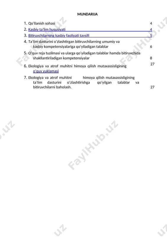 trof muhitni himoya qilish mutaxassisi bitiruvchisi keyinchalik kasbiy ta’limini chuqurlashtirish maqsadida: · kadrlar malakasini oshirish tizimida, tarmoq o’quv muassasalarida va maxsus kurslarda malaka oshirishi; · kasbiy faoliyatining tegishli sohasida yanada yuqoriroq malakaga erish maqsadida oliy ta’lim muassasasida o’qishni davom ettirishi mumkin. 2.4. o‘qishga qabul shartlari. o‘qishga qabul shartlari amaldagi qonunchilik asosida amalga oshiriladi. 3. bitiruvchilarning kasbiy faoliyati tavsifi 3.1. bitiruvchining kasbiy faoliyat sohasi: tabiatda kuzatishlar olib borish, tajribalar o‘tkazish, ekologik tadqiqot modellarini yaratish, ekologik jarayonlarni boshqarish, ekologik jarayonlarning tashqi muhit sharoitlariga bo‘lgan ta’sirlarini tahlil qilish, atrof muhit muhofazasi buyicha paydo bo‘lgan kompleks masalalarni yechish, zamonaviy bilimlar asosida ekologik xavfsizlik faoliyatni tashkil etish va atrof- muhitga ko’rsatilayotgan antropogen ta’sirlarni kamaytirish, atrof-muhitni himoya qilish chora-tadbirlarini ishlab chiqish, mavjud texnologiyalarni takomillashtirish, ekologik ekspertizani tashkil qilish, kasbiy ko’nikma, usullari, metodlari va uslublari majmuini qamrab oladi. 3.2. bitiruvchining kasbiy faoliyat ob’ekti: 3.2.1. texnik kvalifikatsiyasi bo‘yicha: · reaktivlar bilan ishlashni o‘rganish; · atrof muhitni himoya qilishda …