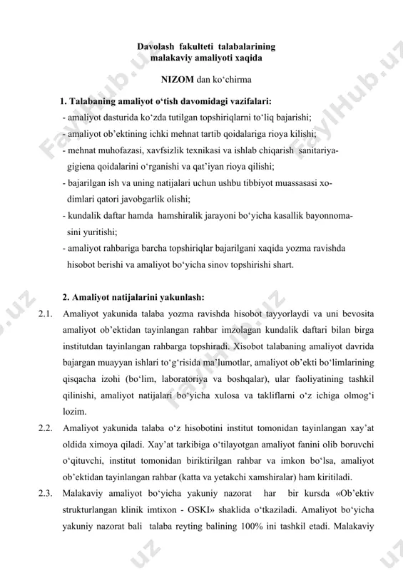 lozim. 2.2. amaliyot yakunida talaba o‘z hisobotini institut tomonidan tayinlangan xay’at oldida ximoya qiladi. xay’at tarkibiga o‘tilayotgan amaliyot fanini olib boruvchi o‘qituvchi, institut tomonidan biriktirilgan rahbar va imkon bo‘lsa, amaliyot ob’ektidan tayinlangan rahbar (katta va yetakchi xamshiralar) ham kiritiladi. 2.3. malakaviy amaliyot bo‘yicha yakuniy nazorat har bir kursda «ob’ektiv strukturlangan klinik imtixon - oski» shaklida o‘tkaziladi. amaliyot bo‘yicha yakuniy nazorat bali talaba reyting balining 100% ini tashkil etadi. malakaviy amaliyot natijasi bo‘yicha 55 balldan kam ball to‘plagan talaba malakaviy amaliyotni topshira olmagan hisoblanadi va kursdan kursga o‘tkazilmaydi. amaliyot bo‘yicha yakuniy baho talabaga stipendiya belgilash va imtiyozli diplom berishda inobatga olinadi. amaliyot yakuni amaliyot ob’ektining ishlab chiqarish kengashida, fakultetning ilmiy-uslubiy kengashida muxokama qilinadi va yakun yasaladi. 2.4. malakaviy amaliyotni sababli o‘ta olmagan talaba semestr boshlangunga qadar dekanat tomonidan berilgan maxsus ruxsatnoma bilan individual jadval asosida o‘tadi va yakuniy nazoratga kiritiladi. «ichki kasalliklar» yo‘nalishi bo‘yicha amaliy ko‘nikmalar ro‘yhati № amaliy ko‘nikmalar ja’mi …