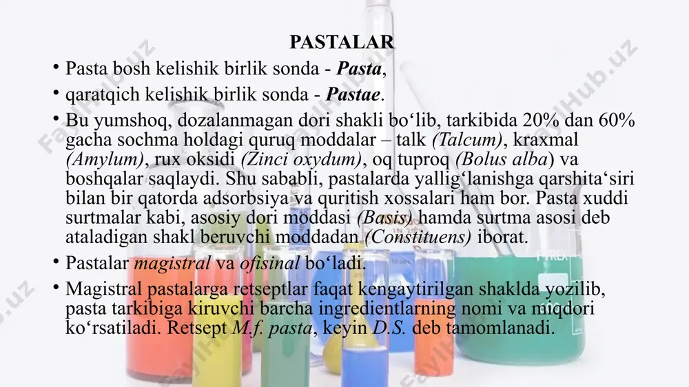 idan bugʻlanib, terida yupqa parda hosil qiladi. hozirgi paytda plastirlar asosan farmatsevtik sanoatda ishlab chiqariladi. plastirlar tarkibi dori vositasi va murakkab asosdan (yogʻ kislotalarining tuzlari, moylar, parafin, serezin, vazelin, lanolin, mum, yelim) iboratdir. ammo ba‘zi plastirlar faqat asosdan iborat boʻladi, masalan: leykoplastir. u yaralar chetlarini yaqinlashtirish, bogʻlamlarni mustahkamlash, yarani ifloslanishidan mexanik himoyalash uchun qoʻllaniladi. tarkibida dori vositasi boʻlgan plastirlar mahalliy (rezorbtiv) ta‘sir koʻrsatish uchun qoʻllaniladi. suyuq plastirlar flakonlarda yoki aerozol ballonchalarda, qattiq plastirlar esa asosan matolarga surkalgan holatda chiqariladi. retseptda qisqartirilgan shaklda yoziladi va plastir asosi koʻrsatilmaydi. image1.jpg image2.jpg image3.jpeg image4.jpg image5.jpg image6.png copy of cardiologyj medicine pills capsules vaccine pharmacology /docprops/thumbnail.jpeg
