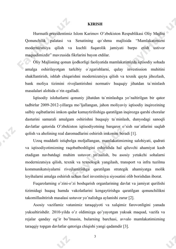 ..........................................................................52 foydalanilgan adabiyotlar................................................................54 kirish hurmatli prezidentimiz islom karimov o’zbekiston respublikasi oliy majlisi qonunchilik palatasi va senatining qo`shma majlisida “mamlakatimizni modernizatsiya qilish va kuchli fuqarolik jamiyati barpo etish ustivor maqsadimizdir” mavzusida fikrlarini bayon etdilar. oliy majlisning qonun ijodkorligi faoliyatida mamlakatimizda iqtisodiy sohada amalga oshirilayotgan tarkibiy o`zgarishlarni, qulay investission muhitini shakllantirish, ishlab chiqarishni modernizatsiya qilish va texnik qayta jihozlash, bank moliya tizimini rivojlantirishni normativ huquqiy jihatdan ta`minlash masalalari alohida o`rin egalladi. iqtisodiy islohatlarni qonuniy jihatdan ta`minlashga yo’naltirilgan bir qator tadbirlar 2009-2012-yillarga mo’ljallangan, jahon moliyaviy iqtisodiy inqirozining salbiy oqibatlarini imkon qadar kamaytirilishiga qaratilgan inqirozga qarshi choralar dasturini samarali amalgam oshirishni huquqiy ta`minlash, dunyodagi sanoqli davlatlar qatorida o’zbekiston iqtisodiyotning barqaror o’sish sur`atlarini saqlab qolish va aholining real daromadlarini oshirish imkonini beradi [1]. uzoq muddatli istiqbolga moljallangan, mamlakatimizning salohiyati, qudrati va iqtisodiyotimizning raqobatboshligini oshirishda hal qiluvchi ahamiyat kasb etadigan navbatdagi muhim ustuvor yo’nalish, bu asosiy yetakchi sohalarni modernizatsiya qilish, texnik va texnologik yangilash, transport va …