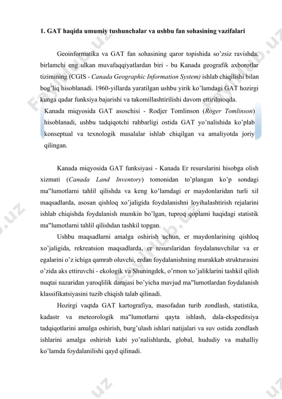 rafiya, masofadan turib zondlash, statistika, kadastr va meteorologik ma‟lumotlarni qayta ishlash, dala-ekspeditsiya tadqiqotlarini amalga oshirish, burg’ulash ishlari natijalari va suv ostida zondlash ishlarini amalga oshirish kabi yo’nalishlarda, global, hududiy va mahalliy ko’lamda foydalanilishi qayd qilinadi. «tuproqshunoslikda gat» fan sohasining maqsadi - bakalavr yo’nalishida ta‟lim oluvchi talabalarda zamonaviy geoaxborot tizimlaridan tuproqshunoslik sohasida foydalanish haqidagi umumiy tushunchalarni xosil qilish, talabalar tomonidan zamonaviy geoaxborot texnologiyalari (gat) uslublarining o’zlashtirilishi, geoaxborot sohasida modellashtirish bo’yicha mukammal bilimlar va amaliy ko’nikmalarni xosil qilish, shuningdek tuproq resurslarining funksionalekologik sifat darajasini baholash ko’nikmalarni qaror toptirishdan tashkil topadi. bu maqsadni ro’yobga oshirish uchun, quyidagi vazifalarni bajarish talab qilinadi: · geoaxborot texnologiyalaridan (gat) foydalanib, makonda joylashgan koordinatsiyalar haqidagi ma‟lumotlarni majmuaviy tahlil qilish bo’yicha tizimlashtirilgan nazariy bilimlar va amaliy ko’nikma- malakalarga ega bo’lish; · tadqiqotchilik, axborot-tahliliy, oldindan bashorat qilish (prognozlash) va baholash mazmuniga ega masalalarni hal qilishning ishchi variantlarini geoaxborotlar sohasiga oid atamalar asosida shakllantirish ko’nikmalarini qaror toptirish; · relefning raqamli formatga …