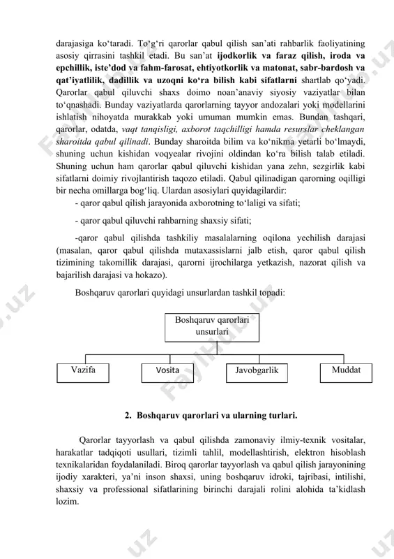 mlarni talab etadi, balki insoniy faoliyatni o‘ziga xos san’at darajasiga ko‘taradi. to‘g‘ri qarorlar qabul qilish san’ati rahbarlik faoliyatining asosiy qirrasini tashkil etadi. bu san’at ijodkorlik va faraz qilish, iroda va epchillik, iste’dod va fahm-farosat, ehtiyotkorlik va matonat, sabr-bardosh va qat’iyatlilik, dadillik va uzoqni ko‘ra bilish kabi sifatlarni shartlab qo‘yadi. qarorlar qabul qiluvchi shaxs doimo noan’anaviy siyosiy vaziyatlar bilan to‘qnashadi. bunday vaziyatlarda qarorlarning tayyor andozalari yoki modellarini ishlatish nihoyatda murakkab yoki umuman mumkin emas. bundan tashqari, qarorlar, odatda, vaqt tanqisligi, axborot taqchilligi hamda resurslar cheklangan sharoitda qabul qilinadi. bunday sharoitda bilim va ko‘nikma yetarli bo‘lmaydi, shuning uchun kishidan voqyealar rivojini oldindan ko‘ra bilish talab etiladi. shuning uchun ham qarorlar qabul qiluvchi kishidan yana zehn, sezgirlik kabi sifatlarni doimiy rivojlantirish taqozo etiladi. qabul qilinadigan qarorning oqilligi bir necha omillarga bogʻliq. ulardan asosiylari quyidagilardir: - qaror qabul qilish jarayonida axborotning toʻlaligi va sifati; - qaror qabul qiluvchi rahbarning shaxsiy sifati; -qaror qabul qilishda …