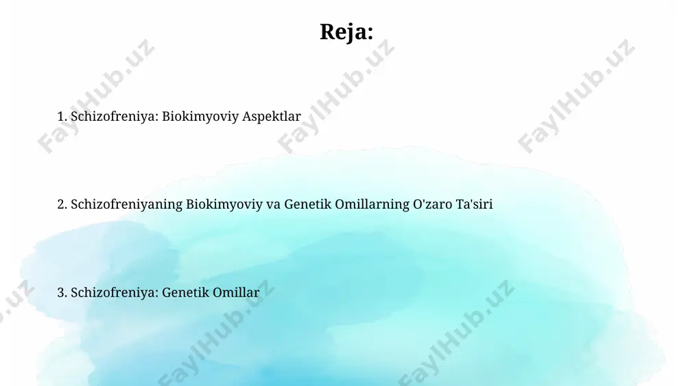 iston modifikatsiyasi o'zgarishlari, xususan, 5-gidroksimetilsitosin darajasining pasayishi aqshning bir qancha klinik tadqiqotlarida aniqlangan. epigenetik o'zgarishlar, masalan, dnkni metilatsiya qilish, shizofreniya rivojlanishida muhim rol o'ynaydi va 2010 yildagi tadqiqotlar shuni ko'rsatdiki, bu jarayonlar genetik moyillikni 30% ga oshiradi. dopamin gipotezası antipsixotik dorilar, masalan, haloperidol, dopamin d2 retseptorlarini bloklaydi va shu bilan shizofreniyaning ijobiy alomatlarini 70% gacha kamaytiradi, bu esa aqsh va buyuk britaniyada keng qo'llaniladi. shizofreniyaga chalingan bemorlarda dopaminning sintezini oshiruvchi fermentlar faolligining oshishi 20-30% ga ko'tarilishi haqida ma'lumotlar mavjud bo'lib, bu esa, germaniyada o'tkazilgan tadqiqotlar natijalari bilan tasdiqlangan. glutamatning rolı glutamatning nmda retseptorlari bilan bog'liqligi shizofreniya rivojlanishida muhim rol o'ynaydi, 20% ga yaqin hollarda ushbu retseptorlarning disfunksiyasi kuzatiladi va bu aqsh tadqiqotlarida aniqlangan. glutamatning gipoaktivligi, shizofreniya bilan og'rigan 70% bemorlarda aniqlangan, bu esa kognitiv funksiyalar buzilishiga, masalan, xotira va e'tiborga salbiy ta'sir ko'rsatadi va bu yaponiya olimlarining tadqiqotlarida tasdiqlangan. kelajak tadqiqotlari ўзбекистондаги нейробиология институти шизофрениянинг генетик асосларини ўрганиш учун кейинги …