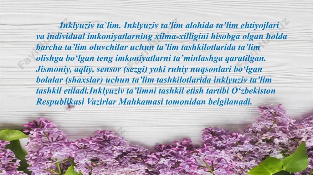 lmoqda. shunday usullar bilan ta’limdan chetda qolib ketgan nogiron bolalarni izlab topish imkoni yaratiladi. ro’yxatga olingan bolalar o’z yaqin arofidagi umumta’lim maktablariga jalb etiladi. 2). maxsus ehtiyojli bolalar bilan shug’illanish bosqichi. bu bosqichda umumta’lim muassasalari tizimiga kiritilgan maxsus ehtiyojli bolalar bilan olib boriladigan o’quv-tarbiyaviy, korreksion-rivojlantiruvchi vazifalar rejasi tuzib chiqiladi. 3). reabilitasiya bosqichi. bu bosqichda bolalarning nogironligi tufayli bajara olmaydigan faoliyatlarini bajarish qobiliyatlari va ularning imkoniyatlari darajasini kengaytirish ishlari amalga oshiriladi. shu sababali bu bosqichda nogiron odamlar nafaqat ta’lim tarbiya, balki ularning ishlab chiqarish faoliyatlarini oshiruvchi treninglar ham olib boriladi 4) integrasiya bosqichida nogiron bolalar to’laligicha ijtimoiy jamiyatga kiritiladi. ya’ni bu bosqichda nogiron bolalarning ham o’zlarining teng imkoniyatlari va huquqlaridan foydalangan holda kasb va ishlash joyini mustaqil tanlash imkoniyati beriladi. maxsus ehtiyojli bolalarni umumta’lim sharoitida o’qitish ularni o’ziga xos xususiyatlari, nuqson turi, darajasi va sinfdagi bolalar sonini e’tiborga olgan holda tashkil qilinadi. har bir bola o’z imkoniyat darajasida rivojlanadi, buni l.s. …