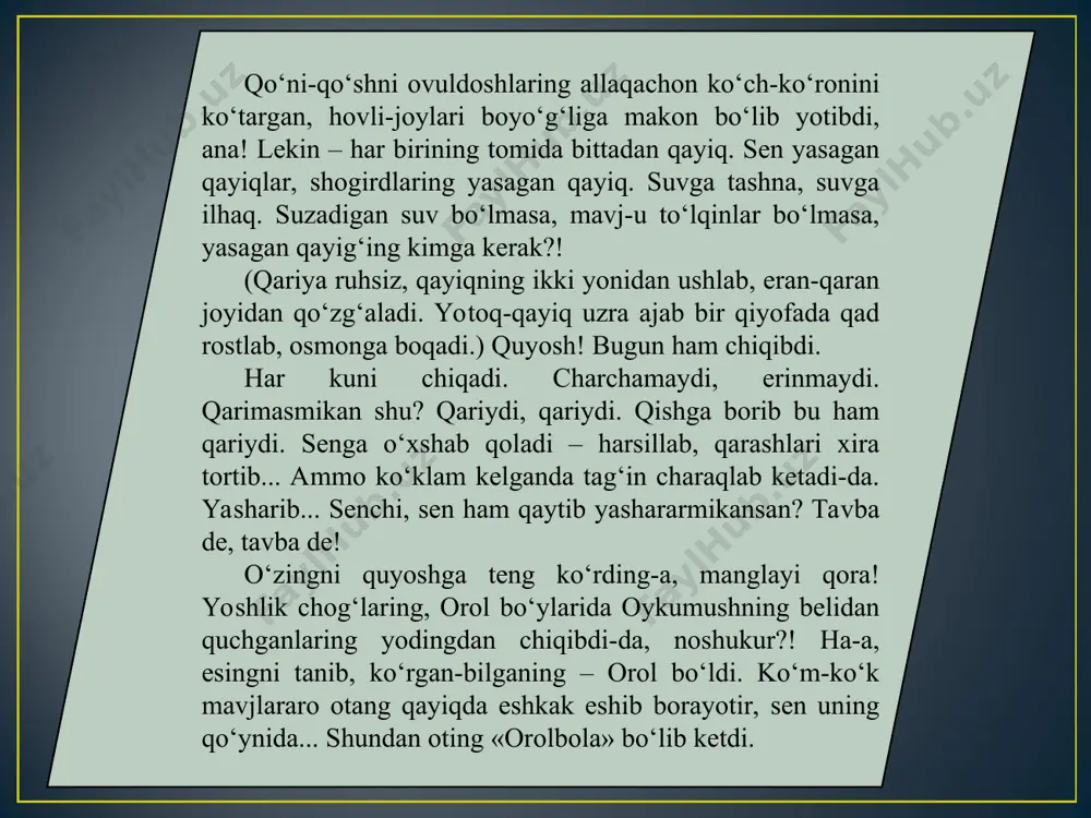 shayton oraladi ichimizga, vasvasa soldi. ana shuni quvsang, ana shundan xalos bo‘lsang, bir kun qarabsanki, oroling suvga limmo-lim to‘lib turibdi-da! (bir lahza tin olib.) qani, yigitlar, qo‘zg‘aldik! bekorchidan xudo bezor... omin, orolimiz suvga to‘lsin, suvlari baliqqa to‘lsin, ollohi akbar! (qariya yuziga fotiha tortib, kaftini tizzalariga tiragancha, inqillay-sinqillay o‘rnidan turadi.) men peshinimni o‘qib olay, sizlar... tilov, sen bola bo‘yog‘ingni oxiriga yetkaz, xo‘pmi? sen, jumaboy, anovi o‘lchab qo‘yilgan taxtalarni arralab turasan. genja qarashar... (tashvishmand alanglab.) amet... ametimizdan bugun ham darak yo‘g‘-a? nima bo‘ldi ekan? keyingi vaqtda mashqi pastroq ko‘rinadi o‘zi shu bolaning... j u m a b o y. kim bilsin, har erta orqalaringdan yetib boraman, deydi-yu, keyin esa... xuddi shu choq chetan eshik ochilib, sheriklaridan tikroq, dadilroq yigit – ametning o‘zi ko‘rinadi. o r o l b o b o (chehrasi yorishib). xizrni yo‘qlasak bo‘larkan... kel, ametboy, tinchlikmi? a m e t (xomushroq). assalomu alaykum. uyda yumush ko‘payib ketdi, oqsoqol... o …