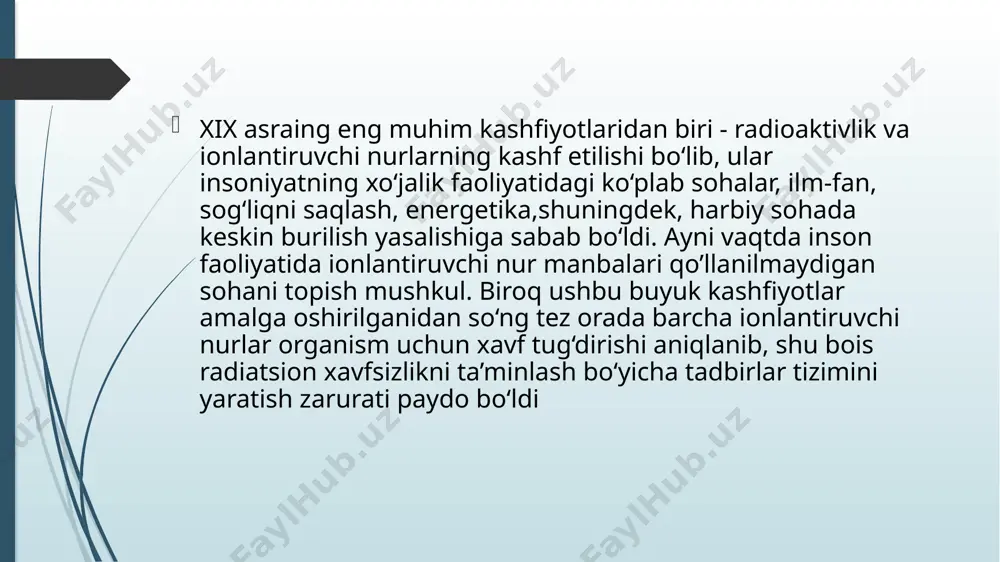 ayon amalda bugungi kunda fanga m aium boigan barcha elementlarda kuzatiladi. bu degani, har bir kimyoviy elementda, eng kam deganda bitta beta-aktiv ya’ni bcta-parchalnishga duchor boiuvchi izotopi bor demakdir. bunda ko‘pincha beta-manfiy parchalanish sodir boiadi. beta-manfiy parchalanish (beta) - yadrodan beta manfiy zarrachaelektronning chiqarilishi boiib, bitta neytronning g‘ayri ixtiyoriy (o‘zo‘zidan) parchalanishi natijasida proton va elektronga o‘tishi hisoblanadi. bunda og‘ir proton yadroda qoladi, yengil elektron esa - betamanfiy zarracha - juda katta tezlikda parchalanuvchi yadrodan otilib chiqadi. masalan, kaliy radioaktiv izotopining beta-parchalanishi natijasida (kaliy-40), kaltsiyning barqaror izotopiga aylanadi (davriy sistemada kaliyning o‘ng tarafidagi birinchi katakdagi) ya’ni kaltsiy -40 ga aylanadi. radioaktiv kaltsiy - 47 esa, o‘zidan bir katak o‘ngda joylashgan skandiy - 47 ga ( bu ham radioaktivli), o‘z o‘rnida betamanfiy parchalanish natijasida bu element barqaror titan - 47 ga aylanadi va h.k. gamma-nurlanish (y -nurlanish) — bu oddiy tibbiy roentgen nurlariga nisbatan “qattiqroq” elektromagnit nurlanishdir gamma-nurlanishning rentgen nurlanishidan farqi faqat …
