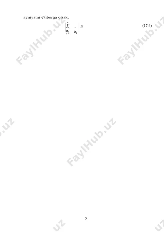 botlanadi, ya’ni uchburchak aksiomasi o‘rinli. 17.8. [a,b] kesmada aniqlangan va uzluksiz barcha haqiqiy qiymatli funksiyalar to‘plamida 2 x, y b  xt   yt 2 dt a formula yordamida masofa aniqlash mumkin. hosil bo‘lgan metrik fazo c2 [a,b] simvol bilan belgilanadi va uzluksiz funksiyalarning o‘rtacha kvadratik metrikali fazosi deb ataladi. ravshanki, 2 moslik metrikaning 1 va 2-aksiomalarini qanoatlantiradi. uchburchak aksiomasining bajarilishi koshi - bunyakovskiyning ushbu  b 2 b b   xt  yt dt    x2 t dt  y 2 t dt (17.10)  a  a a integral tengsizligidan foydalanib isbotlanadi. koshi – bunyakovskiy tengsizligi esa osongina tekshirish mumkin bo‘lgan  b 2 b b 1 b b   xt  yt dt    x2 t dt   y2 t dt   [x(s) y(t)  y(s)x(t)]2 dsdt  a  a a 2 a a ayniyatga asoslangan. 17.9. …