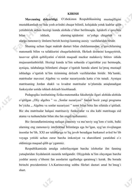 gan sohalarga masalan, adabiyotga, tilshunislikka, sport sohasiga, ruhshunoslikka, tarixga va boshqa sohalarga kirib bormoqda. matematikaning insoniyat tarixida rivojlanish jarayonida nechog`lik ahamiyatga ega ekanligini juda ko`p allomlar munosib baholaganlar. masalan, buyuk allomalarimizdan biri mirzo ulug`bek matematika haqida shunday yozganlar: "matematika g’oyat bir yuksak fanki, unda bir olam mo’jiza yotadi". haqiqatan ham matematika ilmi insoniyat uchun bebaho ekanligini tan olmaydigan aqlli odamni topish amri mahol, chunki har bir fanning rivojlanish darajasi bu fan sohasiga matematik bilimlarning nechoqlik kirib borganligi bilan baholanadi. jonajon o’zbekistonimiz mustaqillikka erishgan kunlardan boshlaboq butun ta`lim tizimini tubdan isloh qilish rejalari ishlab chiqildi va bosqichma-bosqich amalga oshirilmoqda. ushbu ta`lim tizimida aniq fanlarni, xususan matematika fanini rivojlantirish va uning olamshumul yutuqlarini hayotning turli jabxalariga tadbiq etib, davlatimizni dunyoning rivojlangan davlatlari qatoridan munosib joy olishiga erishish yo’lida tinmay ish olib borilmoqda. insoniyatning tarixiy bosib o’tgan yo’lida, odamzot ongli hayot kechira boshlagan kunlardan beri turli - tuman narsalarni sanashga, yil faollarini aniqlashga, …