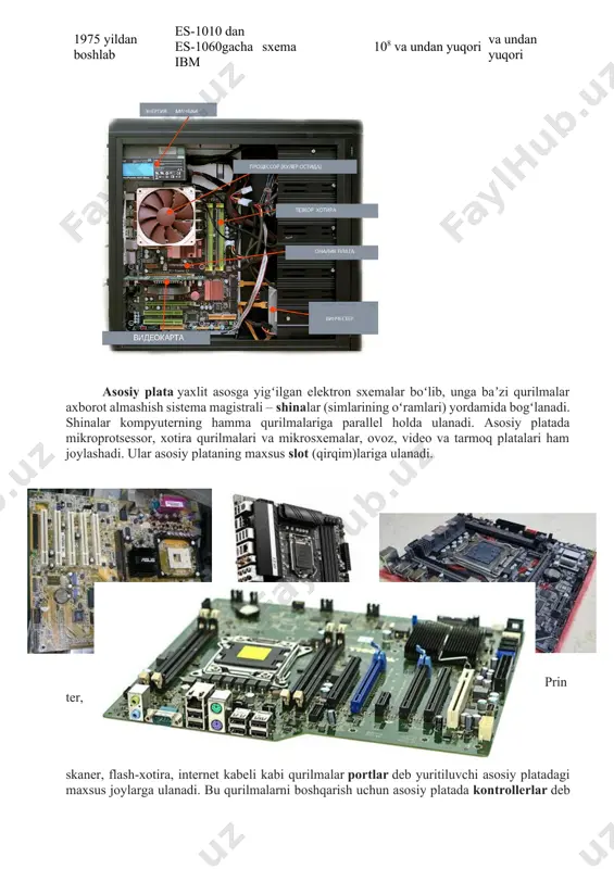 hfiyoti tufayli, bugungi kungacha elektron hisoblash mashinalarining to'rtta avlodi yaratildi: ^ ehm avlodlari shu avlod ehm iga misol asosiy (bazaviy) elementi arifmetik amal bajarish tezligi ^ xotira sig'imi 1-avlod 1940-1950 y besm minsk-1 elektron lampa 1 sekundda 104 gacha 1024 so'z 2-avlod 1950-1965 y besm-6 minsk-2 tranzistor diod 1 sekundda 105 gacha 32000 so'z 3-avlod 1965-1975 y minsk-32 razdan ibm-360 ^ integral sxema 1 sekundda 2*106 gacha 2048 so'z 4-avlod 1975 yildan boshlab pravets es-1010 dan es-1060gacha ibm katta integral sxema 1 sekundda 108 va undan yuqori 1024 mbayt va undan yuqori asosiy plata yaxlit asosga yigʻilgan elektron sxemalar boʻlib, unga baʼzi qurilmalar axborot almashish sistema magistrali – shinalar (simlarining oʻramlari) yordamida bogʻlanadi. shinalar kompyuterning hamma qurilmalariga parallel holda ulanadi. asosiy platada mikroprotsessor, xotira qurilmalari va mikrosxemalar, ovoz, video va tarmoq platalari ham joylashadi. ular asosiy plataning maxsus slot (qirqim)lariga ulanadi. printer, skaner, flash-xotira, internet kabeli kabi qurilmalar portlar deb …