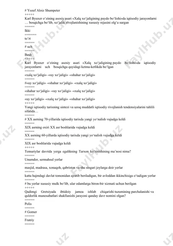 tendensiyalarini tahlili sifatida… ===== # xx asrning 70-yillarida iqtisodiy tarixda yangi yo‘nalish vujudga keldi ===== xix asrning oxiri xx asr boshlarida vujudga keldi ===== xx asrning 60-yillarda iqtisodiy tarixda yangi yo‘nalish vujudga keldi ===== xix asr boshlarida vujudga keldi +++++ temuriylar davrida yerga egalikning tarxon ko‘rinishining ma’nosi nima? ===== unumdor, sermahsul yerlar ===== masjid, madrasa, xonaqoh, qabriston va shu singari joylarga doir yerlar ===== katta hajmdagi davlat tomonidan ajratib beriladigan, bir avloddan ikkinchisiga o‘tadigan yerlar ===== # bu yerlar xususiy mulk bo‘lib, ular odamlarga biron-bir xizmati uchun berilgan +++++ qadimgi gretsiyada ibtidoiy jamoa ishlab chiqarishi tuzumining parchalanishi va quldorlik munosabatlari shakllanishi jarayoni qanday davr nomini olgan? ===== polis ===== # gomer ===== fratriy ===== demos +++++ qadimgi davrda karvonlar buyuk ipak yo‘lini qancha davrda bosib o‘tishgan? ===== 200-250 kunda ===== #120-150 kunda ===== 250-300 kunda ===== 300-350 kunda +++++ temuriylar davrida savdogarlarga olib kelingan mol ustiga necha foiz ustama qo‘yishga …
