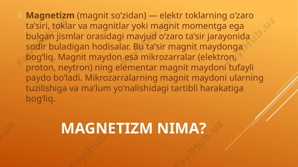 ega (q. yer magnitizmi). magnit maydon kosmik fazoda ham mavjudligini kosmik zaryadli zarralarning harakatida koʻrish mumkin. magnetizm hodisalarining kosmik fazodan mikrozarralargacha taalluqli boʻlishi ularning fan va mexnikadagi ahamiyatining nihoyatda kattaligini bildiradi. jismlarning magnit xususiyatlari magnetizmga ega atomlarning tabiati va ular oʻrtasidagi oʻzaro taʼsir harakteri bilan aniqlanadi. odatda, jismlar magnetizmi elektron vayadro magnetizmlaridan farqqiladi. magnetizm orbital va spin magnetizmga boʻlinadi. kimyoviy elementlarning mendeleyev davriy sistemasipa joylashishidan ularning magnit xususiyatlarini aniqlash mumkin. mas, inert gazlarning atom elektron qobiqlarining magnit qismlari yoʻq, chunki elektron qobiqning orbital va spin magnit momentlarining yigʻindisi nolga teng . ishqoriy metallarda atom, elektron orbital momenti nolga teng boʻlgani uchun, ularning magnit qiymati valent elektronning spin momenti qiymatiga teng . magnetiklik xususiyatiga ega bo’lgan moddalar o’zaro di va para magnetiklik xususiyatiga ega bo’lishadi. bu esa ularning magnatikligidan dalolat beradi. moddalarning magnit maydoni tokning magnit maydoni hozirgi kunda, har qanday maktab laboratoriyasida, o’rtasidagi teshikdan elektr simi o’tgan karton qog’ozga temir …