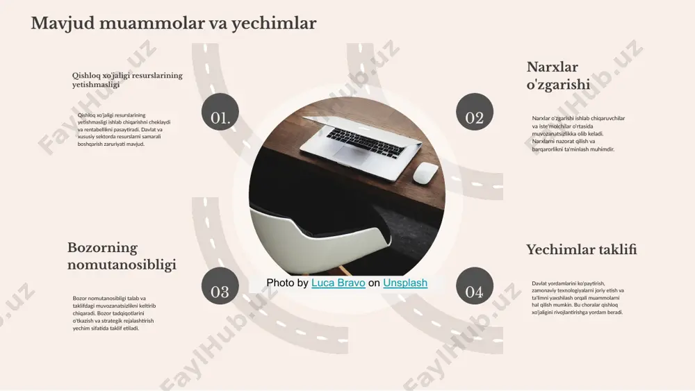 dasturlari fermerlarga resurslarni tejash va mahsulot sifatini oshirishda yordam beradi. bunday texnologiyalar muammolarni hal qilishda samarali vositadir. joriy texnologiyalar hozirgi kunda iot (internet of things) va big data agrar sohada keng qo'llanilmoqda. iot qurilmalari maydonlardagi o'zgarishlarni real vaqt rejimida kuzatishga yordam beradi, big data esa katta ma'lumotlarni tahlil qilish imkoniyatini beradi. kelajakda texnologiyalar kelajakda sun'iy intellekt va robototexnika kabi yangi texnologiyalar agrar sohadagi ishlab chiqarishni yanada samarali va raqobatbardosh qiladi. bu texnologiyalar agrar sohada sezilarli o'zgarishlar keltirishi kutilmoqda. agrobiznesda innovatsiyalar agrobiznes va innovatsiya agrobiznesda innovatsiyalar, ishlab chiqarish jarayonlarini optimallashtiradi va yangi bozorlarni egallash imkoniyatini yaratadi. innovatsion yechimlar innovatsion yechimlar marketing, ishlab chiqarish va boshqaruv tizimlarini takomillashtirishni o'z ichiga oladi. case study muvaffaqiyatli agrobiznes innovatsiyalariga aqlli dehqonchilik va vertikal fermalar misol bo'la oladi. innovatsion strategiyalarni belgilash agrobiznesda innovatsion strategiyalarni belgilash bozor tadqiqotlari va yangi texnologiyalarni joriy etishni o'z ichiga oladi. photo by luca bravo on unsplash 02. 04. 01. 03. xulosa …