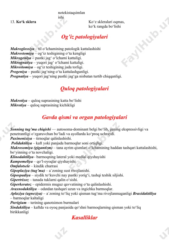 enburg sindromida-45% 13. ko‘k sklera ko‘z skleralari oqmas, ko‘k rangda bo‘lishi og’iz patologiyalari makroglossiya – til o‘lchamining patologik kattalashishi makrostomiya – og‘iz teshigining o‘ta kengligi mikrogeniya – pastki jag‘ o‘lchami kattaligi. mikrognatiya – yuqori jag‘ o‘lchami kattaligi. mikrostomiya – og‘iz teshigining juda torligi. progeniya – pastki jag‘ning o‘ta kattalashganligi. prognatiya – yuqori jag‘ning pastki jag‘ga nisbatan turtib chiqqanligi. quloq patologiyalari makrotiya – quloq suprasining katta bo‘lishi mikrotiya – quloq suprasining kichikligi gavda qismi va organ patologiyalari sonning tug’ma chiqishi — autosoma-dominant belgi bo‘lib, gening ekspressivligi va penetrantligi o‘zgaruvchan bo‘ladi va ayollarda ko‘proq uchraydi. paxinonixiya – tirnoqlar qalinlashishi. polidaktiliya – kaft yoki panjada barmoqlar soni ortiqligi. makrosomiya (gigantizm) – tana ayrim qismlari o‘lchamining haddan tashqari kattalashishi, bo‘yinning o‘ta novchaligi. klinodaktiliya– barmoqning lateral yoki medial qiyshayishi kampomeliya – qo‘l-oyoqlar qiyshayishi omfalotsele – kindik churrasi gipoplaziya (tug’ma) – a`zoning sust rivojlanishi. gipospadiya – siydik to‘kuvchi nay pastki yorig‘i, tashqi teshik siljishi. gipertrixoz – …