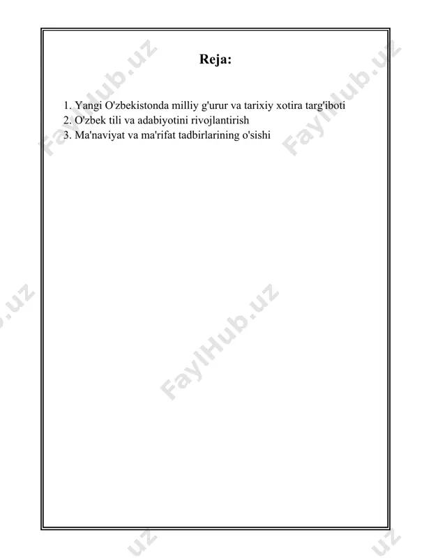 tarixiy va madaniy tadbirlarga mezbonlik qiladi. xalqaro va mahalliy mutaxassislar ishtirokida o'tkaziladigan konferensiyalar tarixiy xotirani kuchaytiradi. 8. **ta'lim tizimidagi islohotlar**: o'zbekiston maktablarida tarixiy ta'limning rivojlanishi muhim rol o'ynaydi. har yili 100,000 ga yaqin o'quvchi tarixiy mavzulardagi tanlovlarda ishtirok etadi. 9. **mediyalar roli**: milliy televideniye va radio tuhfatlarida oyiga o'rtacha 500 soat tarixiy mavzulardagi dasturlar efirga uzatiladi. bu dasturlar millionlab tomoshabinlarga tarixiy xotirani yetkazadi. 10. **milliy g'urur ramzlari**: o'zbekistondagi 12,000 dan ortiq maktab va universitetlarda milliy g'urur ramzlari — davlat madhiyasi va bayrog'i kun tartibida doimiy yangilanib turiladi. ushbu raqamlar va faktlar yangi o'zbekistonda milliy g'urur va tarixiy xotira targ'iboti qanchalik muhim o'rin tutishini ko'rsatadi. ushbu ma'lumotlar orqali mamlakatning madaniy va tarixiy boyliklarini saqlash va avlodlarga yetkazish strategiyasi haqida xulosa chiqarish mumkin. 2. o'zbek tili va adabiyotini rivojlantirish oʻzbek tili va adabiyotini rivojlantirish masalasi bugungi kunda katta ahamiyat kasb etmoqda. oʻzbek tilini rivojlantirish, uning nufuzini oshirish va xalqaro maydonda tanilishiga erishish …