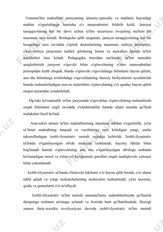 rtirildi, ya'ni ta’limni maktabning maqsad va vazifalariga mos keladigan yangi, ancha takomillashgan izohli-ilyustrativ metodi vujudga keltirildi. izohli-ilyustrativ ta'limda o'rganilayotgan ob'ekt mohiyati izohlanadi, hayotiy faktlar bilan bog'lanadi hamda o'qituv​chining ana shu o'rganilayotgan ob'ektga nisbatan kо'rsatadigan misol va xilma-xil ko'rgazmali qurollari orqali tasdiqlovchi xulosasi bilan yakunlanadi. izohli-iilyustrativ ta'limda o'kituvchi faktlarni o'zi bayon qilib beradi, o'zi ularni tahlil qiladi va yangi tushunchalarning mohiyatini tushuntiradi, ya'ni teorema, qoida va qonunlarni o'zi ta'riflaydi. izohli-iilyustrativ ta'lim metodi umumta'limiy maktablarimizda qo'llanish darajasiga nisbatan an'anaga aylandi va hozirda ham qo'llanilmokda. hozirgi zamon ilmiy-texnika revolyusiyasi davrida izohli-ilyustrativ ta'lim metodi o'quvchilarning fikrlash qobiliyatini etarli darajada rivojlantira olmaydi, ularni o'rganilayotgan mavzu materialini puxta bilishlariga bo'lgan ehtiyojlarini qanoatlantira olmaydi hamda fanga bo'lgan qiziqishlarini yuqori darajada shakllantira olmaydi. shuning uchun ham 1960 yilning boshlaridan boshlab, maktablarimizda ta'lim jarayonini jadallashtirish g'oyasi keng tarqalib, ta'limning yangi metodi - muammoli va evristik ta'lim metodlari vujudga kela boshladi. evristik ta'lim metodi. "evristika" degan so'zning ma'nosi savol-javobga asosan …