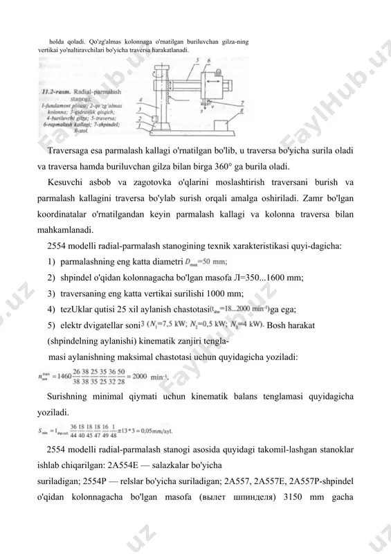 onali surish harakati (40-780 mm/ayl) ga ega bo'ladi. stanok avtomatik ish siklida ishlaydi. 3) oc-401a modelli bir shpindelli vertikal-parmalash stanogi mm ii uzunligi 300 mm gacha bo'lgan teshiklarga ishlov beradi. 4) oc-402a modelli ikki shpindelli vertikal-parmalash stanogi hamli, uzunligi 300 mm gacha bo'lgan teshiklarga ishlov beradi. har bir shpindel mustaqil boshqariladi. stanok avtomatik ish siklida ishlaydi. stanok yirik seriyali va keng ko'lamli ishlab chiqarishda foydalaniladi. yuqorida keltirilgan stanoklar ixtisoslashgan parmalash stanoklariga mansubdir. parmalash uchun agregat stanoklari. agregat stanoklari normal-lashgan detallar va uzellardan yig'iladigan stanoklar bo'lib, ular yi​rik seriyali va keng ko'lamli ishlab chiqarishda parmalash, zenkerlash, razvyortkalash, ichki va tashqi yuzalarni yo'nish, rezba ochish kabi ope-ratsiyalarni bajarish uchun mo'ljallangan. ko'pincha ularda korpus tipi-dagi detallarga ishlov berilib, kesib ishlash jarayonida zagotovkalar qo'zg'almas bo'ladi. agregat stanoklarida kallaklar gorizontal, ver​tikal, qiya yoki kombinatsiyalashgan holda joylashishlari mumkin. harakat elektr dvigateldan (11.4-rasm) kuch kallagi va shpindel qutisi orqali ishchi shpindellarga uzatiladi; ishchi shpindellarga esa kesuvchi asboblar …