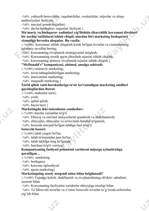 o'lgan tovarlar va xizmatlarning taxminiy tavsifini bering; ~%0% korxonaning rivojlanish strategiyasini aniqlash; ~%0% korxonaning texnik qayta jihozlash rejasini ishlab chiqish; ~%0% korxonaning ijtimoiy rivojlanish rejasini ishlab chiqish.} "mcdonald's" kompaniyasi, ehtimol, amalga oshiradi: {~%100% ommaviy marketing; ~%0% tovar-tabaqalashtirilgan marketing; ~%0% innovatsion marketing; ~%0% maqsadli marketing.} xarid qilish xatti-harakatlariga ta'sir ko'rsatadigan marketing omillari quyidagilardan iborat: {~%100% mahsulot narxi; ~%0% yosh; ~%0% qabul qilish; ~%0% hayot tarzi.} marketingda ikki tomonlama yondashuv: {~%100% barcha variantlar to'g'ri ~%0% ehtiyoj va iste'mol imtiyozlarini qondirish va shakllantirish; ~%0% ehtiyojlar, ehtiyojlar va so'rovlarni batafsil o'rganish; ~%0% bozorda mavjud bo'lgan talabga faol ta'sir;} sotuvchi bozori: {~%100% talab yuqori bo'lsa; ~%0% talab ta'minotdan past bo'lsa; ~%0% talab taklifga teng bo'lganda ~%0% barchasi to'g'ri versiya} kompaniyaning faoliyati potentsial xaridorni mijozga aylantirishga qaratilgan… {~%100% marketing ~%0% boshqaruv ~%0% korxona iqtisodiyoti ~%0% qayta marketing} marketingning asosiy maqsadi nima bilan belgilanadi? {~%100% vujudga kelish, shakllanish va rivojlanishining ob'ektiv sabablari, zarurati bilan ~%0% korxonaning faoliyatini …