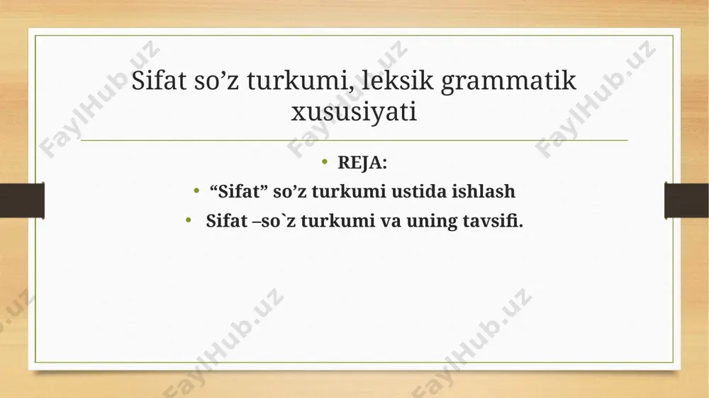 il so‘z turkumi sifatida uch xil belgiga ega: 1. leksik-semantik belgi. sifat belgi ma’nosini bildiradi. 2. morfologik belgisi: sifat qanday?, qanaqa?, qaysi? so‘roqlaridan biriga javob bo‘ladi. sifat ifodalaydigan belgi tushunchasi keng bo‘lib, ma’nosiga ko‘ra bir necha guruhga ajratiladi: a) rang-tus ma’nosini bildiradigan sifatlar: oq, qizil, sariq, havo rang, kul rang, yashil, zangori; b) hajmi ma’nosini bildiradi: keng, tor, baland, past, uzun, chuqur, yirik, mayda; v) shakl va ko‘rinish ma’nosini bildiradi: dumaloq, yassi, egri, qiyshiq, do‘ng; g) maza-ta’m ma’nosini bildiradi: shirin, achchiq, nordon, sho‘r, taxir, chuchmal, bemaza; d) xarakter-xususiyat ma’nosini bildiradi: muloyim, odobli, shirinso‘z, chaqqon, sho‘x, yalqov, dangasa, chechan, qo‘rs, qaysar. xarakter-xususiyat bildiruvchi sifatlar ijobiy yoki salbiy xususiyatlarni ifodalaydi; e) hid ma’nosini bildiradi: sassiq, qo‘lansa, badbo‘y, xushbo‘y, muattar; j) holat ma’nosini bildiradi. holat bildiruvchi sifatlar ikki xil bo‘ladi: 1) psixik holatni ifodalaydi: xursand, xafa, shod, kasal, injiq; 2) tabiiy holatni ifodalaydi: yosh, qari, keksa. sifat belgini bevosita yoki bavosita ifodalaydi.predmetning doimiy …