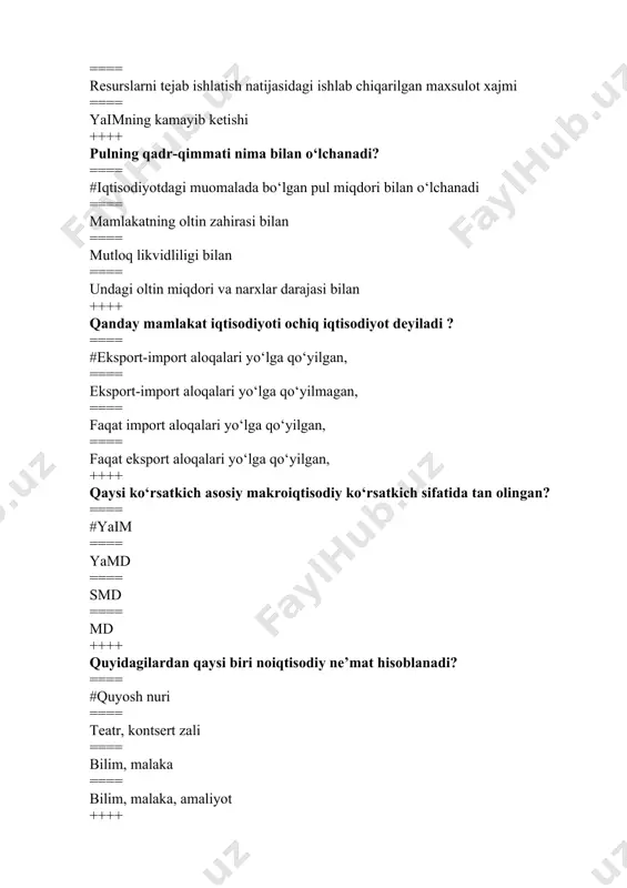 vlatlarnind tovar birligini ==== davlatlatning almashinuv kursini ==== chet davlatlarnind xizmatlar birligini ++++ xarajatlar usulida hisoblash... ==== #yaim ni xisobdash usullaridan biridir ==== ishlab chiqarishni xisoblash usullaridan biridir ==== yamd xisoblash usullaridan biridir ==== millliy daromadni xisoblash usullaridan biridir ++++ yalpi milliy daromad qanday qiymat? ==== #mamlakat rezidentlari tomonidan mamlakatda va mamlakat tashqarisida ishlab chiqarishda ishtirok etish va mulkdan olgan boshlangich daromadlari yigindisidir ==== milliy xo‘jaliklarida bir yil davomida vujudga keltirilgan tayyor pirovard mahsulot va xizmatlarning bozor narxidagi qiymati ==== mamlakat rezidentlari tomonidan mamlakat ichkarisida ishlab chiqarishda ishtirok etish va mulkdan olgan boshlangich daromadlari yigindisidir ==== jahon xo‘jaliklarida bir yil davomida vujudga keltirilgan ishlab chiqaruvchilarga etib borishi mumkin bo‘lgan tayyor pirovard mahsulot va xizmatlarning bozor narxidagi qiymati ++++ yalpi milliy daromad nimaga teng? ==== #yamd=yaim + (plus) mamlakat rezidentlari tomonidan xorijdan olingan daromadlari - (minus) norezidentlarning mamlakatdan xorijga jo‘natgan daromadlari ==== yamd=yaim+mamlakat rezidentlari tomonidan xorijdan olingan daromadlari+(plyus norezidentlarning mamlakatdan xorijga …