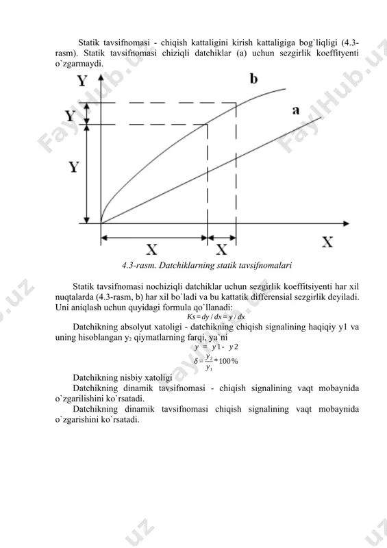 asi - chiqish signalining vaqt mobaynida o`zgarilishini ko`rsatadi. datchikning dinamik tavsifnomasi chiqish signalining vaqt mobaynida o`zgarishini ko`rsatadi. 4.1-jadval datchiklar va ular nazorat qiladigan kattaliklar elektrokontaktli datchiklar elektr datchiklari avtomatlashtirish tizimlarning eng muhim elementlaridan biridir. datchiklar tomonidan avtomatlashtirish tizimlari boshqariladi yoki tartibga solinadi. qiymati va o'zgarishiga qarab olingan qiymat signalga aylantiriladi va tartibga solish jarayoni amalga oshiriladi. avtomatlashtirish jarayonida eng keng tarqalgan datchiklar elektr chiqish signaliga ega datchiklardir. bu birinchi navbatda elektr signalini uzatish qulayligi bilan izohlanadi. masofada uni qayta ishlash va o'zgartirish qobiliyati tufayli elektr energiyasi mexanik ishlarga sarflandi. elektr datchiklaridan tashqari mexanik, gidravlik va pnevmatik datchiklar ham mavjud. turli xil miqdorlar: mexanik harakat, tezlik, quvvat, harorat, bosim, oqim tezligi, namlik va boshqalar texnologik jarayonga bevosita ta‘sir qiluvchi omillar hisoblanadi. datchiklar kirish signali turiga qarab farqlanadi: tezlik, kuch, harorat va boshqalar. bu elektr sezgichlar elektr bo'lmagan signallarni ham o‘lchashga asoslangan. elektr tarmoqlarini avtomatlashtirishda va elektr inshootlari signallarni qabul qilish zarurati …