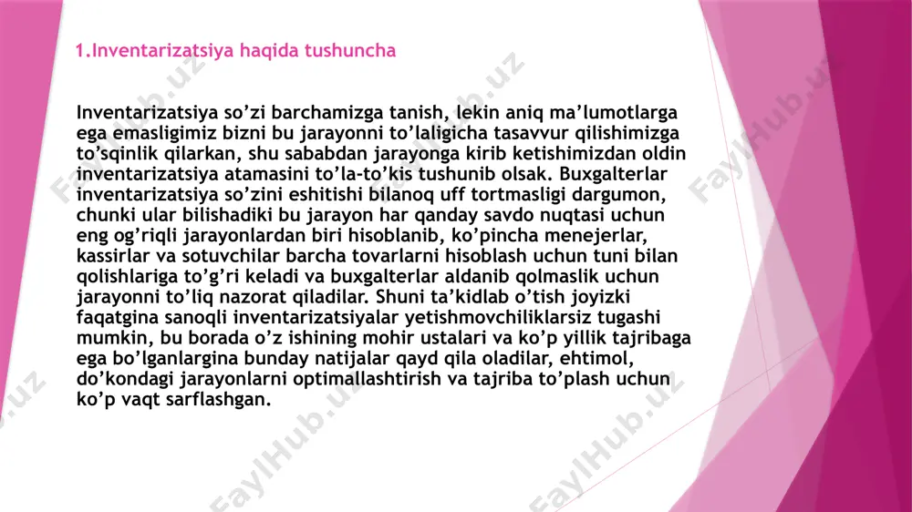 ing to'liqligini nazorat qilish; dastlabki sifatini qisman yo‘qotgan moddiy boyliklarni, eskirgan uslub va modellarni aniqlash; sotish maqsadidagi ortiqcha va foydalanilmayotgan aktivlarni aniqlash; qimmatbaho buyumlar va pullarni saqlash qoidalari va shartlariga, shuningdek, mashinalar, uskunalar va boshqa asosiy vositalarni saqlash va ulardan foydalanish qoidalariga rioya etilishini tekshirish; balansda ko'rsatilgan aktivlar, pul mablag'lari, bank muassasalaridagi talab qilib olinmagan depozit hisobvaraqlaridagi va boshqa hisobvaraqlardagi mablag'lar summasi, kassadagi pul mablag'lari, debitor va kreditorlik qarzlari, tugallanmagan ishlab chiqarish, kelgusi davr xarajatlari, kelajakdagi xarajatlar va to'lovlar uchun zaxiralar va buxgalteriya balansi. boshqa moddalar summalarining haqiqatligini tekshirishdan iborat 3. inventarizatsiyaning turlari inventarizatsiyaning har xil turlari 5 mavjud bo’lib, biznesingiz va jarayonlaringiz miqyosi va o’ziga xos xususiyatlariga qarab siz o’zingizga mos keladigan turlarni tanlashingiz va ularni biznesingizda ishlatishingiz mumkin, va o’z navbatida, inventarizatsiya ham turli xil jihatlariga ko’ra turlarga ajraladi. masalan, hisob obyektlarini qamrab olish hajmiga ko‘ra biz inventarizatsiyani ikki xil turga ajratishimiz mumkin, bular to‘liq va qisman inventarizatsiyalardir: …
