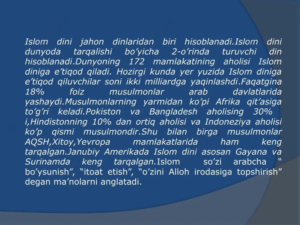 as kitoblardir.alloh taolo payg’ambrlarga 100 sahifa va 4 ta kitob yuborgan. 5.oxirat-bu dunyoda alloh taoloning o’zidan va u xohlaganidan boshqa hech narsa qolmaydigan kundir.uning qachon bo’lishini alloh taolodan boshqa hech kim bilmaydi. 6 .taqdir- alloh taolo tomonidan bo’lgan va bo’ladigan yaxshi,yomon ishlarning qayshi zamonda, qaysi joyda, qay ravishda bo’lmog’ini hamda o’z ilmi azaliysi bilan bo’lmasdan turib oldindan belgilab qo’yilishidir. 7.alloh taoloning qudrati bilan o’lgan bandalar qayta tiriladilar,so’ngra alloh taoloning tayin qilgan yeriga borib yig’iladilar.yig’iladigan joyning nomi ”mahshar yeri”, kun esa “qiyomat kuni” deb ataladi. 10 islom dini 5 ustunga ega. kalimakeltirish ro’zatutish hajsafari zakotberish namozo’qish 1.kalimayi shahodat- allohdan o’zga iloh yo’qligiga va muhammad (s.a.v) uning bandasi va payg’ambar ekanligiga shohidlik beraman demoqlikdir.u arab tilida shunday deyiladi:”ashhadu an lo ilaha illallohu va ashhadu anna muhammadan abduhu va rasuluh”. 2.namoz o’zini musulmomnan deb hisoblaydigan har bir bandaga buyurilgan ibodatdir.namoz ibodati kuniga 5 mahal o’qiladi. 3.ro’za erta tongdan to kun botishiga qadar yemoq …