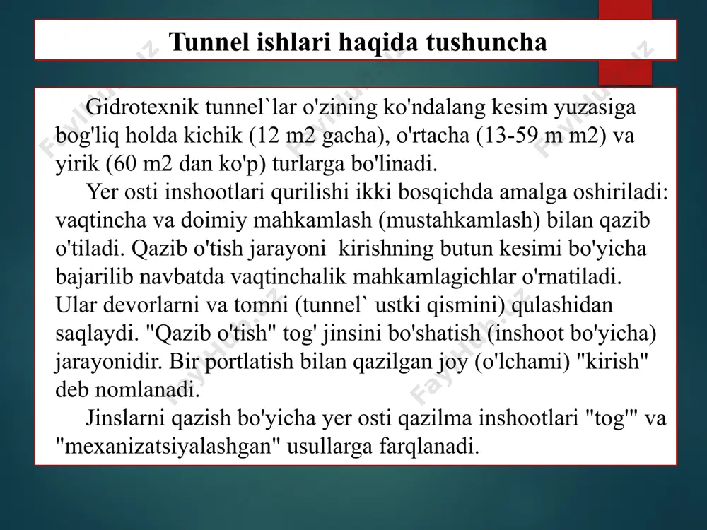 b esa qazish jarayonida esa gruntning o’pirilib tushish havfi kam hisoblanadi; bu texnologiyaning samaradorligi ancha yuqori bo’lib bu esa ishning foydalilik koeffitsiyentini oshishiga xizmat qiladi; tunnel ishlarining shitli usulining yutuqlari bu texnologiyada ishlar davomiy bo’lib uzoq vaqt davom ettirish ham mumkin, bu esa ishlarni bir nechta smena qilib tezroq tugatishga zamin yaratadi; kam ishchi kuchi talab qilishi ham buning afzalligi hisoblanadi; boshqa texnologiyalarga nisbatan barqarorligi, kam ko’nika talab etishi va oson amalga oshishi kam mehnat talab qilishi ham ustunlik hisoblanadi; tunnel ishlarining shitli usulining yutuqlari barcha ishlovchilar yer ostida harakatlanishi bo'yicha yurishi yo'laklarini aniq bilishlari kerak. yer osti mexanizmlarining harakatlanishi yo'llarida piyodalarni harakatlanishi uchun yetarli joy va yo'llar bo'lishi ta'minlanadi. yer osti portlatish ishlarini bajarishda ishlovchilar portlatish vositalari, moddalari va texnikasi bilan munosabat xavfsizligini bilish lozim. tunnel` yetarli darajada yoritilgan bo'lishi kerak. yoritish manbasi mustaqil harakterda bo'lishi lozim, barcha joylarda shamollatish tizimi yaxshi ishlashi, harakatni boshqarish to'g'ri yo'lga ko'yilgan bo'lishi …