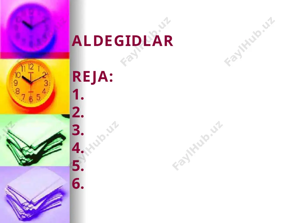 ologik qatorni tashkil qiladi. chumoli aldegidi –gaz, keyingi vakillar –suyuqlik, yuqori aldegidlar –qattiq moddalardir. chumoli aldegidi o’tkir hidli zaharli modda. 40 % chumoli aldegidi tikan suvli ertimasi formanlin deb ataladi. quyi aldegid va ketonlar suvdek yaxshi eriydi,molekulyar massa ortishi bilan ularning eruvchanligi kamayib boradi. kimyoviy xossalari aldegidlar quyidagi reaksiyalarga kirishadi: 1. birikish reaksiyalari 2. oksidlanish reaksiyalari 3. polimerlanish reaksiyalari 4. polikondensatsiya reaksiyalari 1. vodorod aldegidga qo’shbog’ning uzilishi hisoboga birikadi: o h r—c + h2  r – c – oh h h 2. aldegidlar karbonil guruhdagi vodorod o’rnidan oson oksidlanadi va karbon kislotadan aylanadi: o o r—c + o  r – c h oh 3. kumush (i)- iksidning ammiakdagi eritmasi bilan qo’shib qizdirilganda aldegidlar karbon kislotaga aylanadi va ajralib chiqqan kumush idish devorlarga o’tiradi. bu reaksiya ,,kumsh ko’zgu’’ reaksiyasi deb ataladi hamda aldegidlarning sifat reaksiya bo’lib hisoblanadi: o o r—c + ag2o r – c +2ag h oh 4. …
