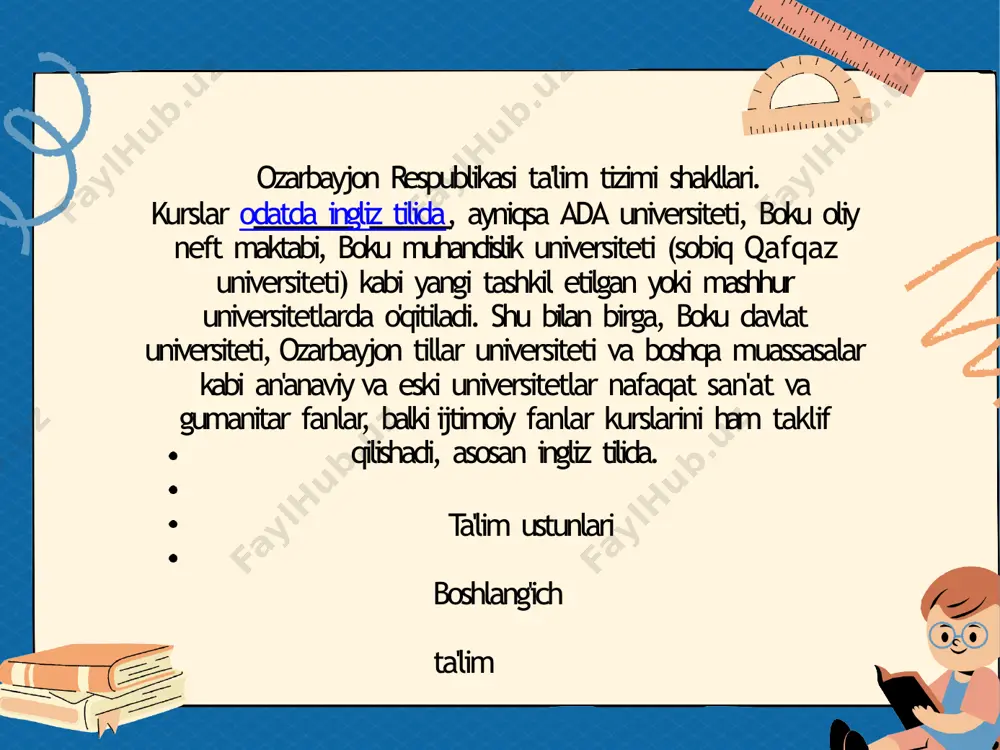 umta’lim maktablarini zarur darsliklar bilan bepul ta’minlaydi. ta'lim ozarbayjon tilidir, ammo sovet ta'siri tufayli hali ham rus tilini o'qitishni taklif qiluvchi ko'plab davlat maktablari mavjud. xususiy maktablar chet elliklar uchun ham, mahalliy aholi uchun ham, agar ular o'z farzandlarining xususiy maktablarda o'qishini xohlasalar, keng tanlov mavjud: turk litseylari va xalqaro maktablar barcha xususiy muassasalar orasida eng mashhurdir. turk litseylari ozarbayjon 1991-yilda mustaqillikka erishganidan beri eng imtiyozli xususiy maktablarga aylandi, biroq oxirgi paytlarda baʼzi tashkiliy muammolar tufayli turkiy shaxslar soni sezilarli darajada kamaydi yoki ular turli nomlar ostida faoliyat yuritmoqda. biroq boku va viloyatlarda ko‘plab turk maktablari mavjud. afsuski, til muammolari tufayli muhojirlar ozarbayjon davlat maktablaridan foydalana olmaydi. biroq, siz boku va mintaqalarda qatnashishingiz mumkin bo'lgan xalqaro maktablarning keng doiradagi filiallari mavjud. professional maktablar kasb-hunar maktablari 9-11-sinflardan boshlanib, 3-4 yil davom etishi mumkin. bu maktablarda o‘quvchilarga ko‘nikmalar o‘rgatiladi. oliy ma'lumot oliy taʼlim jamiyat va mehnat bozori ehtiyojlarini hisobga olgan holda, toʻliq …