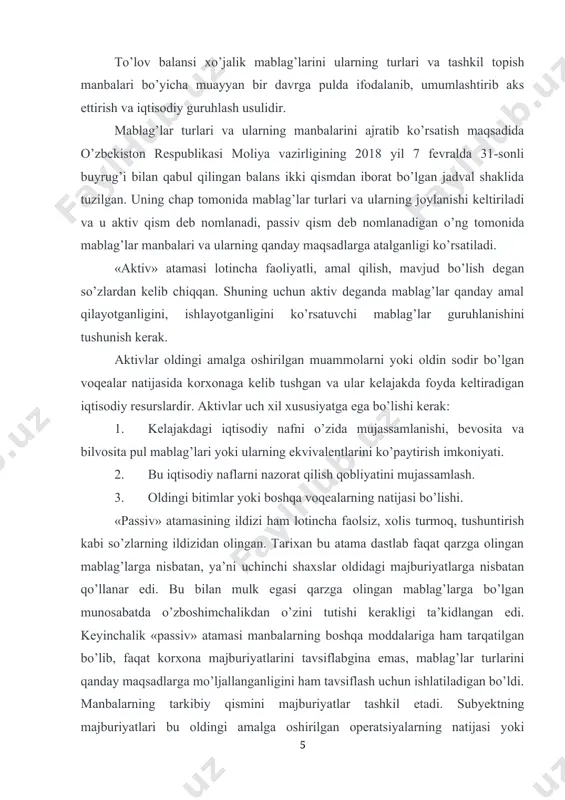 lim. o’z mablag’larining manbalari va ii bo’lim. majburiyatlarga bo’linadi. balans ko’rsatkichlaridan quyidagi iqtisodiy ko’rsatkichlarni aniqlab olish mumkin. aktivlar aylanma va uzoq muddatli kapitallari yig’indisiga teng. хo’jalik yurituvchi subyektning o’z mablag’lari aktivlaridan majburiyatlarini ayirganiga teng. aktiv va passivning xar bir elementi mablag’lar turi yoki ularning manbai balans moddasi deb ataladi. aktivda, masalan, quyidagi moddalar keltiriladi: «asosiy vositalar», «тugallanmagan ishlab chiqarish», «тayyor mahsulot», «hisob-kitob schyoti» va boshqalar; passivda «ustav kapitali (fondi)», «hisobot yilining taqsimlanmagan foydasi, «bank kreditlari», «mol yetkazib beruvchilardan qarzlar» va boshqa moddalar. to’lov balansining xususiyati aktiv va passivlar pullik yakunlarining tengligidan iborat. bu talab har qanday korxona balansi uchun majburiydir. bu talab aktivda ham, passivda ham mablag’larning bir xil hajmda, faqat har xil guruhlanishda ko’rsatiladi, ya’ni aktivda - turlari bo’yicha, passivda - manbalari bo’yicha. balansning nomi ham shunga asoslangan, chunki «balans» so’zi tenglik, barobarlikni anglatadi. shuning uchun ham balans aktivi va passivi «balans» so’zi bilan belgilanadi. balans korxonaning xo’jalik mablag’larini …
