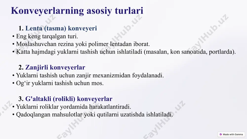 lgan ehtiyojni kamaytirish 3 konveyerlarda xavfsizlik qoidalari konveyerlarda xavfsizlik qoidalari muhim ahamiyatga ega. konveyer atrofida xavfsizlik zonasi bo'lishi kerak. favqulodda to'xtatish tugmalari har doim qo'l ostida bo'lishi lozim. muntazam texnik ko'rik va ta'mirlash o'tkazib turilishi zarur. xavfsizlik yorliqlari va ogohlantirishlar ko'rinadigan joylarda bo'lishi kerak. xavfsizlik qoidalariga rioya qilish baxtsiz hodisalarning oldini oladi. xavfsizlik zonasi konveyer atrofida to'xtatish tugmalari favqulodda holatlar uchun texnik ko'rik muntazam o'tkazish konveyer texnologiyasining kelajagi konveyer texnologiyasining kelajagi avtomatlashtirish va robotlashtirish bilan bog'liq. iot (internet of things) integratsiyasi konveyerlarning samaradorligini oshirishga yordam beradi. energiya samaradorligi va barqarorlik ham muhim tendentsiyalardan biri hisoblanadi. kelajakda konveyerlar yanada aqlli va samarali bo'ladi. xulosa konveyerlar yuklarni uzluksiz va samarali tashish uchun ishlatiladigan mexanik tizim bo‘lib, sanoat, konchilik, qishloq xo‘jaligi va logistika sohalarida muhim o‘rin tutadi. ular ishlab chiqarish jarayonlarini avtomatlashtirib, ish unumdorligini oshiradi, mehnat xarajatlarini kamaytiradi va xavfsizlikni ta’minlaydi. turli turlariga qarab, ular og‘ir, mayda yoki nozik materiallarni tashishga moslashgan. zamonaviy …