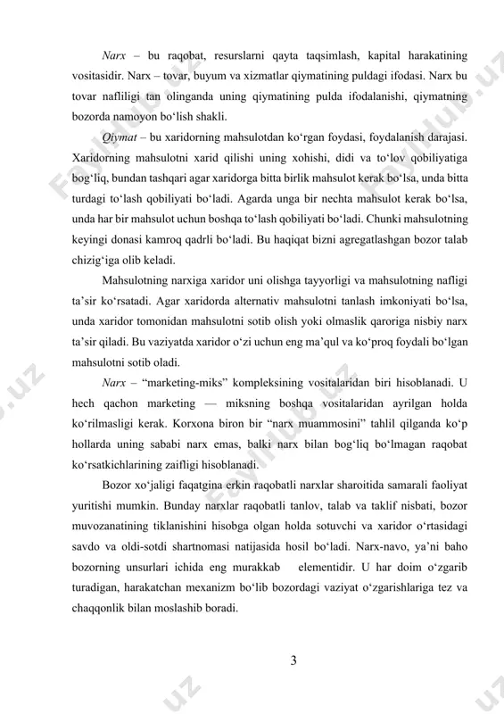 har doim o‘zgarib turadigan, harakatchan mexanizm bo‘lib bozordagi vaziyat o‘zgarishlariga tez va chaqqonlik bilan moslashib boradi. narx va narx belgilash siyosati marketingning bosh tarkibiy qismlaridan biridir. oxirgi yillarda narx bo‘yicha olib borilgan keng ko‘lamli ishlar natijasida mikroiqtisodiyot va marketing orasidagi masofa kamaymoqda. mahsulotning narxi va nafliligi o‘rtasidagi nisbat har bir iqtisodiy kelishuvning asosidir. narx marketing va firma faoliyatining boshqa o‘zgaruvchilari bilan uzviy aloqada bo‘ladi. u tovarning hayotiylik sikli davomida o‘zgarib turadi. marketingda baho siyosatining mohiyati, bozorda aniq ulushga erishish, ko‘zda tutilgan foydani olish va boshqa strategik va tezkor masalalarni yechish uchun firma tovarlariga narx belgilash va narxlarni o‘zgartirib turishdan iborat. bozor narxlarining asosiy xususiyati - ularning doimo o‘zgarib turish qobiliyatidir. bu tabiiydir, chunki narxlar talab va taklifni o‘zaro bog‘lovchi vositadir. bizga ma’lumki, ularning har ikkalasi ham harakatchandir. shuning uchun marketing strategiyasida shunchalik harakatchan narxlar siyosatidan foydalaniladi. bu siyosat tovarning bozordagi harakatini tovar hayotiylik davrining turli bosqichlarini tartibga solish va boshqarishni, …