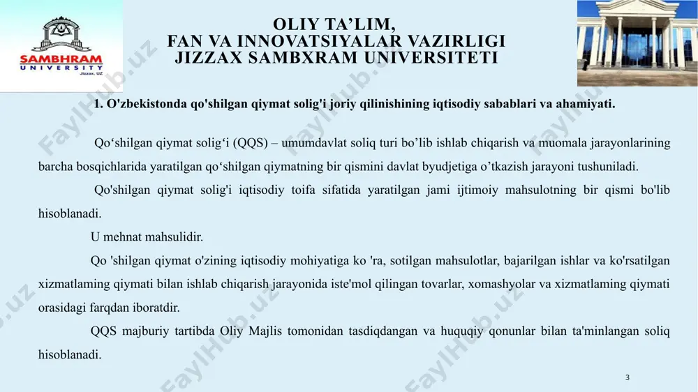 lizatsiya qilish aylanmasi deganda — yuklab jo'natilgan tovarlar (ish va xizmatlar) qiymati tushuniladi, ya'ni yuklab jo'natilgan tovarlar (ish va ximnatlar) uchun mablag'i kelib tushishi davridan qaťiy nazar korxona qo'shilgan qiymat solig'i bo'yicha byudjet oldida hisob-kitoblami amalga oshirishi shart. soliq solinadigan import deganda esa — o'zbekiston respublikasining bojxona hududiga olib kirilayotgan tovarlar hisoblanadi (qo'shilgan qiymat solig'idan ozod etilgan import tovarlardan tashqari. 8 oliy ta’lim, fan va innovatsiyalar vazirligi jizzax sambxram universiteti 3.qo'shilgan qiymat solig'i stavkalari. o'zbekiston respublikasida qo'shilgan qiymat solig'i stavkasi 1992yilda 30 foizni tashkil etib, bugunga qadar bir-necha marta o'zgartirildi. jumladan, 1996-yilda 17 foizni, 1997-yilda 18 foizni, ayrim oziq-ovqat mahsulotlari turlariga (un, non, go'sht, sut va sut mahsulotlari) esa kamaytirilgan 10 foizli stavka belgilandi. 1999-yilda respublikada qo'shilgan qiymat solig'ining 3 xil stavkasi (20%, 15%, va 0%) amalda qo'llanildi. 2024 yil uchun mamlakatimizda qo’shilgan qiymat solig’i stavkasi 12 % ni tashkil etadi. 9 oliy ta’lim, fan va innovatsiyalar vazirligi jizzax sambxram …